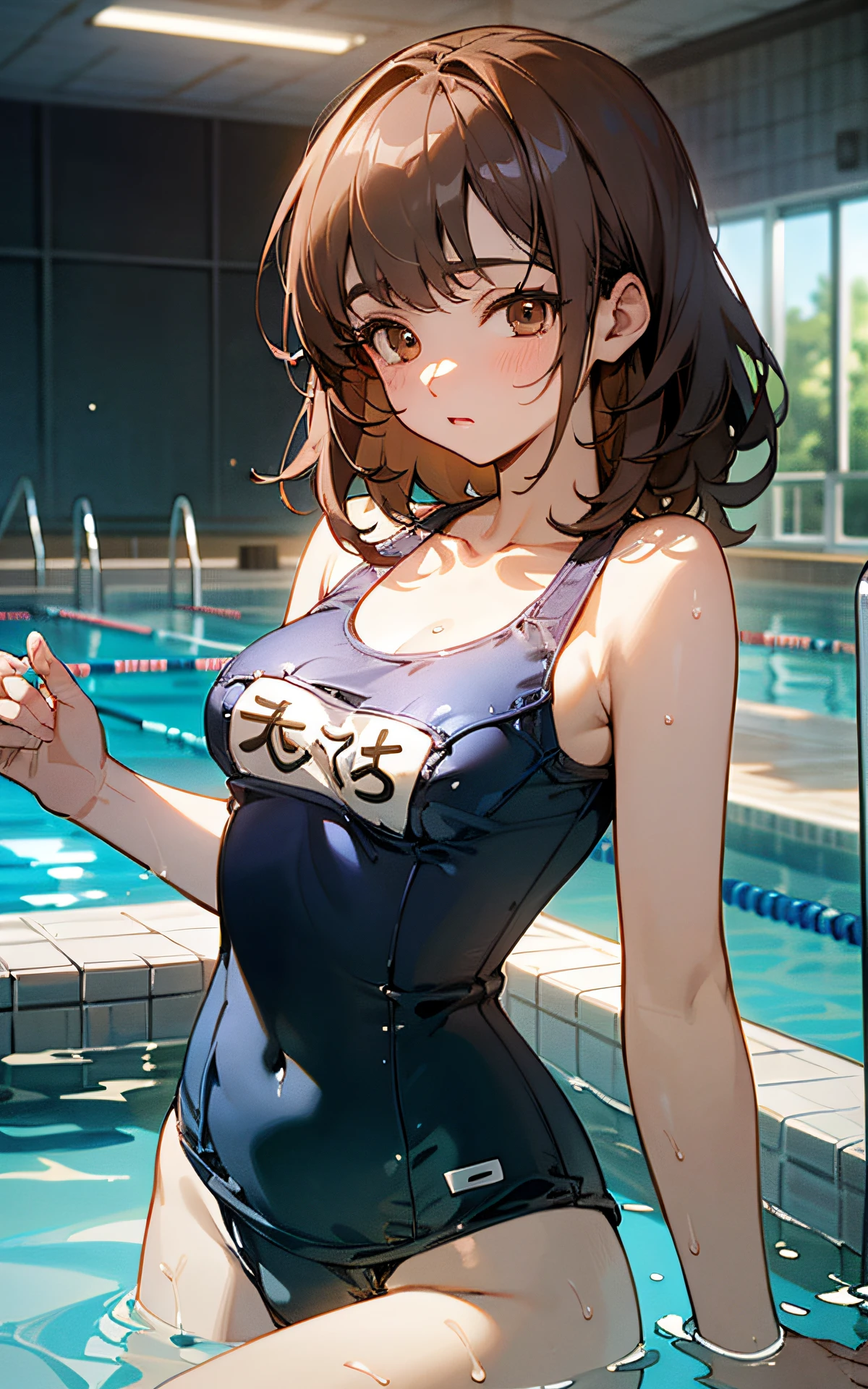 (Unity 16K Wallpaper, Masterpiece, Best Quality, Ultra-Detailed, Extremely Detailed CG, Caustics, Cinematic Lighting, Detailed, Beautiful Detailed Eyes, solo,swiming pool),Ultra High Resolution, fine skin、sexy,curby,nsfw,(school swimsuit:1.3), brown eyes