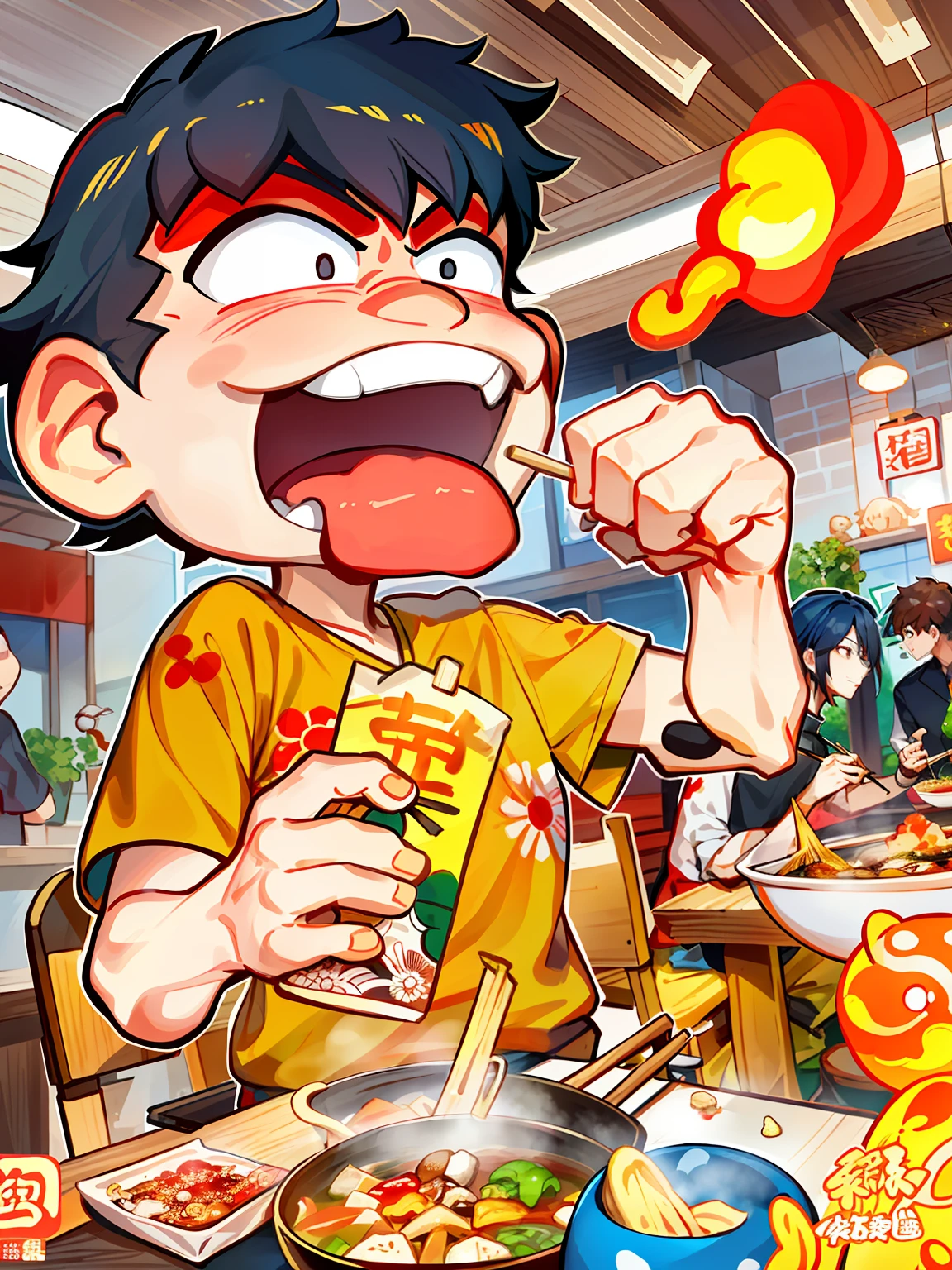 a man sitting at a table，Holding a string of spicy skewer manga in his hand, hand painted cartoon art style, [ Digital art ]!!, profile picture 1024px, mapo tofu，Spicy hot pot cartoon, identical, ❤🔥🍄🌪, Eating noodles, inspired by Chen Daofu, Li Zixin, inspired by Luo Ping, inspired by Kun Can