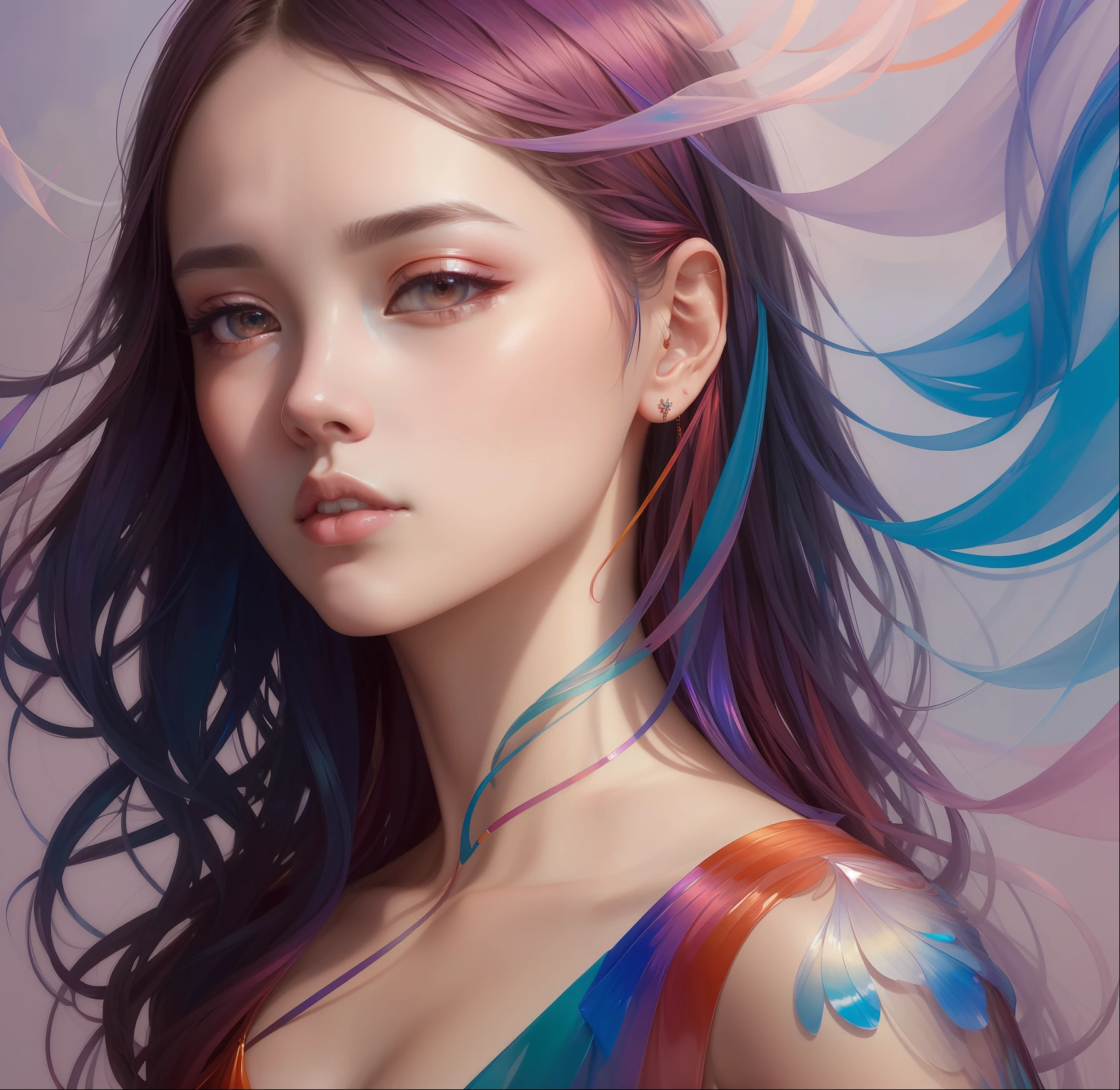 _james jean, floating female figure made of ribbons, smoke, in the sky, colorful and vibrant, mystical colors, contemporary impressionism, yanjun cheng portrait painting, iridescent painting, 3/4 perspective view, cute face, low angle, sweeping circling composition, large beautiful crystal eyes, big irises, UHD, HDR, 8K, (Masterpiece:1. 5), (the most beautiful portrait in the world:1.5)
