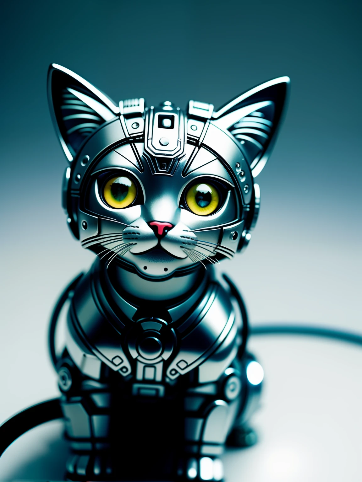 a cute kitten made of metal、(cyborgs:1.1)、([tail | Detailed wire]:1.3)、(intricate-detail)、nffsw、(intricate-detail、ultra-detailliert:1.2)、Cinematic shots、vignettes、central,
