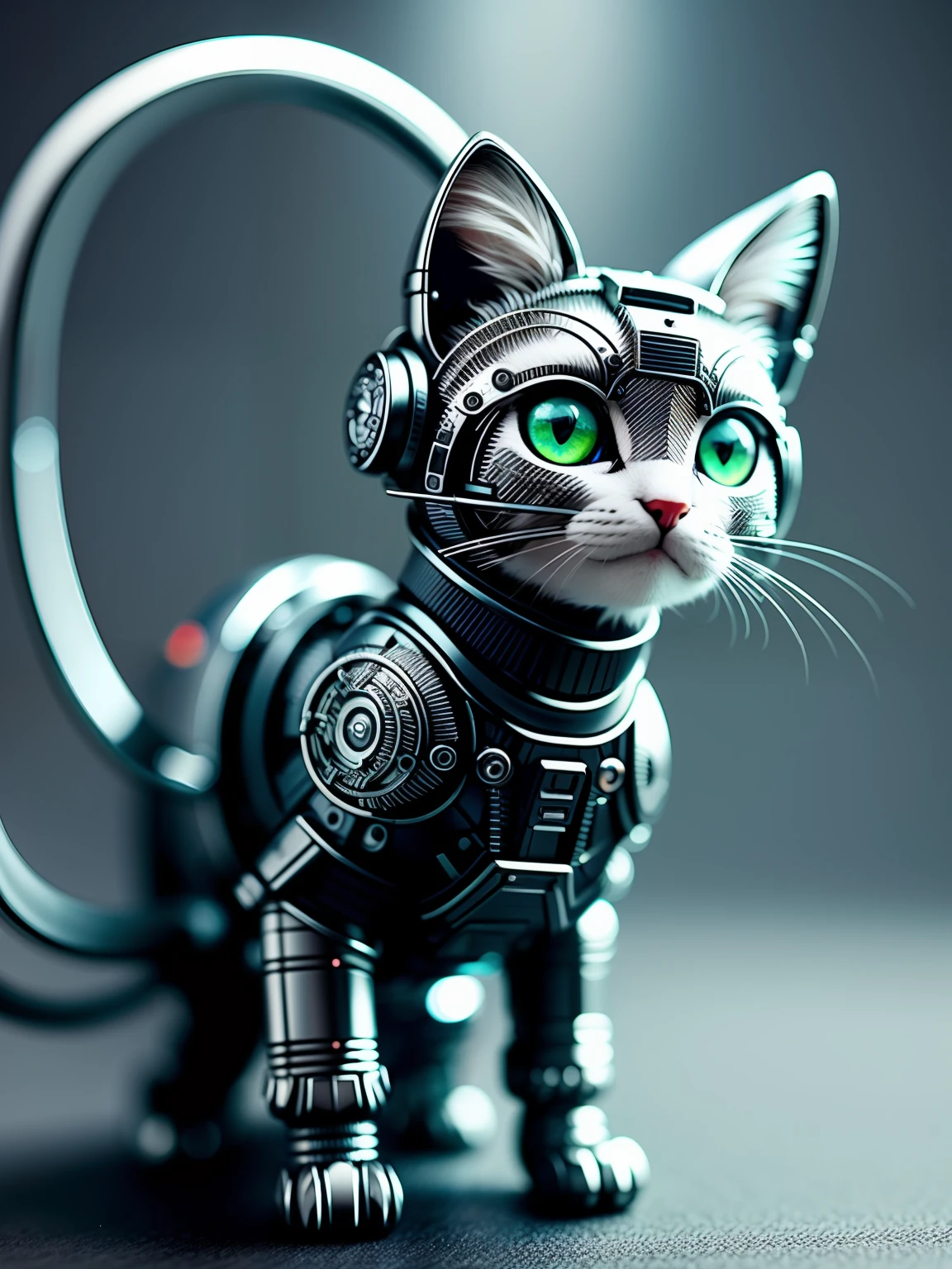 a cute kitten made of metal、(cyborgs:1.1)、([tail | Detailed wire]:1.3)、(intricate-detail)、nffsw、(intricate-detail、ultra-detailliert:1.2)、Cinematic shots、vignettes、central,