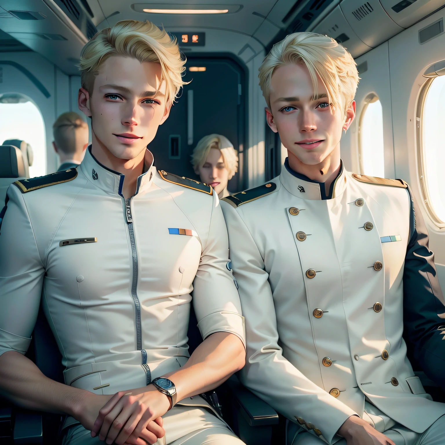 blond man in white captain uniform on a Boeing 787 looking at the camera, 26 year old man on a airplane, attractive man, smiling, attractive male, in flight deck,short blonde hair, high res, blonde man, handsome male, green-eyed man