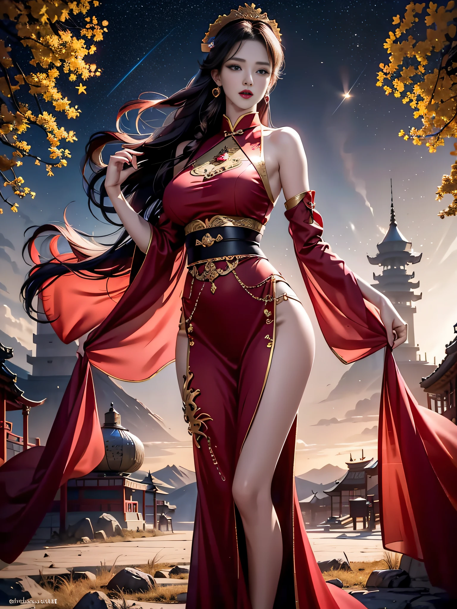 Girl, young and beautiful, tall and beautiful, fair face, perfect features, tall and beautiful, fair skin, good figure, heroic and valiant, heroic and valiant, wearing ancient Chinese armor, female general, Chinese landscape background, standing on the top of the mountain, 500 years ago, starry night, realistic, detailed, 8k, mix4,   red_dress,starry sky, fire, red hair, solo, hair ornament, long hair, red eyes, jewelry, earrings, dress, bare shoulders, red lips, upper body, white background, facial mark, crescent, lipstick, forehead mark, looking at viewer