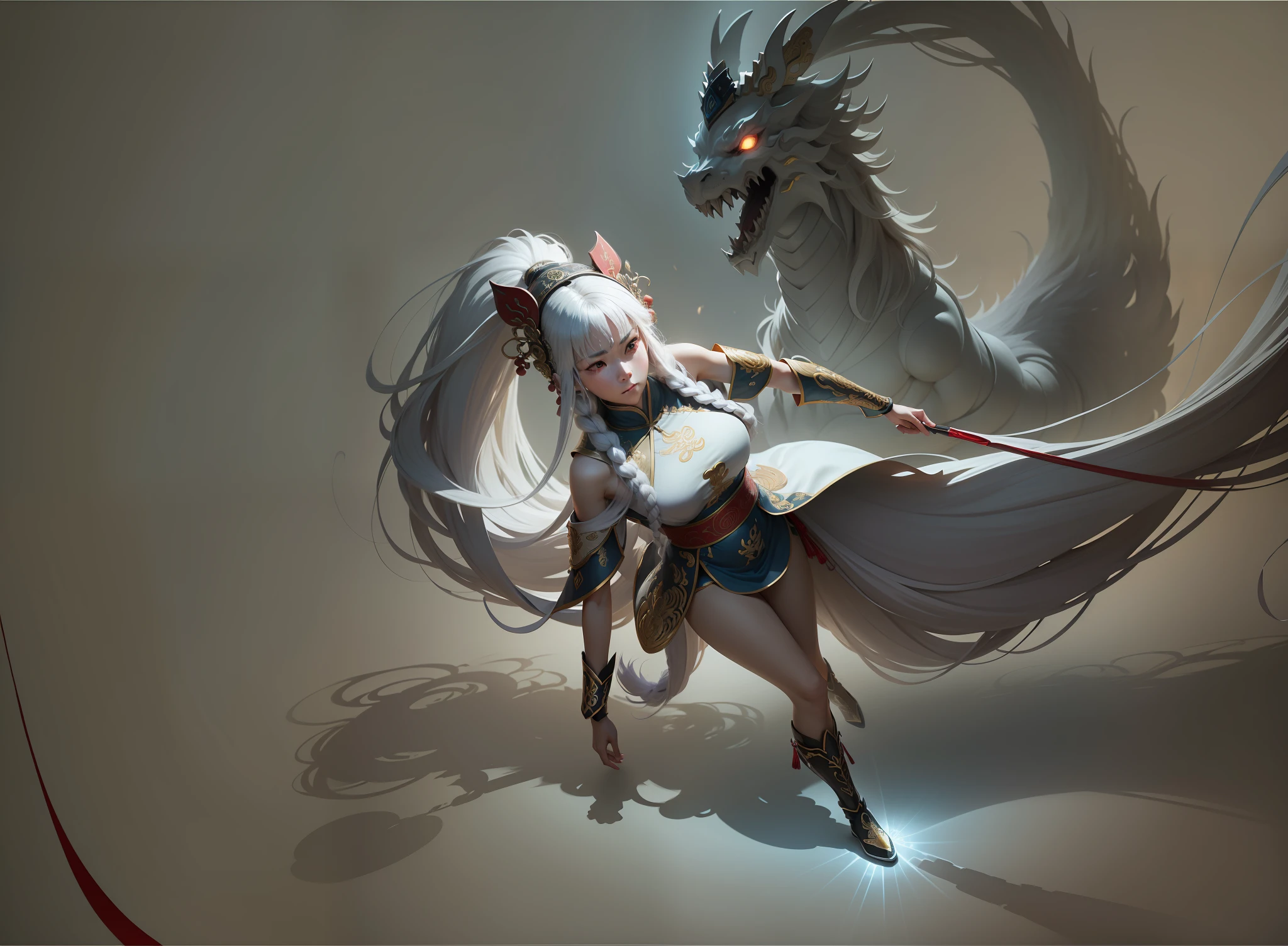 National style，long whitr hair，woman，Twelve days will，Daoism，Chinese armor，head gear，mythological beasts，Transcendent sanctification，the detail，Taoist robes，sci-fy