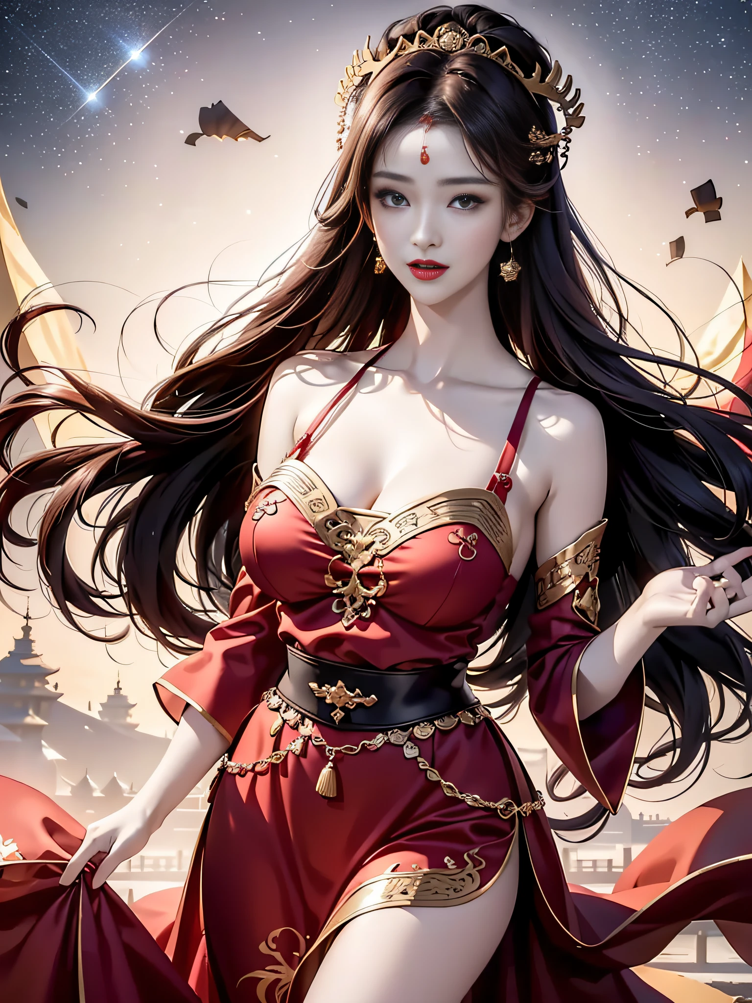 Girl, young and beautiful, tall and beautiful, fair face, perfect features, tall and beautiful, fair skin, good figure, heroic and valiant, heroic and valiant, wearing ancient Chinese armor, female general, Chinese landscape background, standing on the top of the mountain, 500 years ago, starry night, realistic, detailed, 8k, mix4,   red_dress,starry sky, fire, red hair, solo, hair ornament, long hair, red eyes, jewelry, earrings, dress, bare shoulders, red lips, upper body, white background, facial mark, crescent, lipstick, forehead mark, looking at viewer