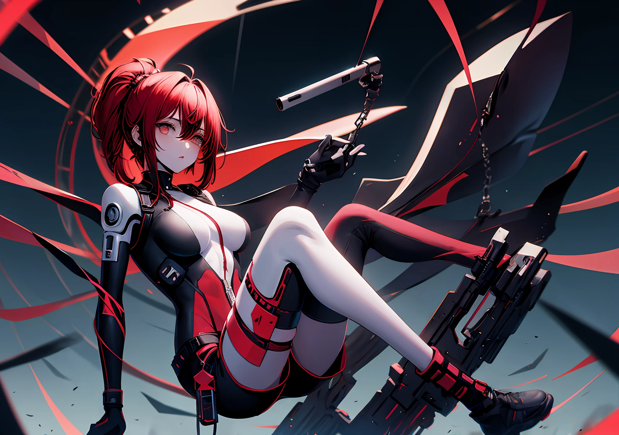 Lucy \(cyberpunk\), 1girl, Parte superior del cuerpo, Brazo en alto, asymmetric hair, beltt, bodysuit, boca cubierta, Ombligo cubierto, Mangas separadas, ojos grises, viento de cadera, tenencia, Sosteniendo un arma, Mirando al espectador, Noche, cielo nocturno, bolsa, pelo corto, Cielo, solamente, arma,cana, alambre, pantalones cortos, shorts, Chaqueta abierta ,(delineador de ojos rojo:1.2), (labios rojos:0.8)