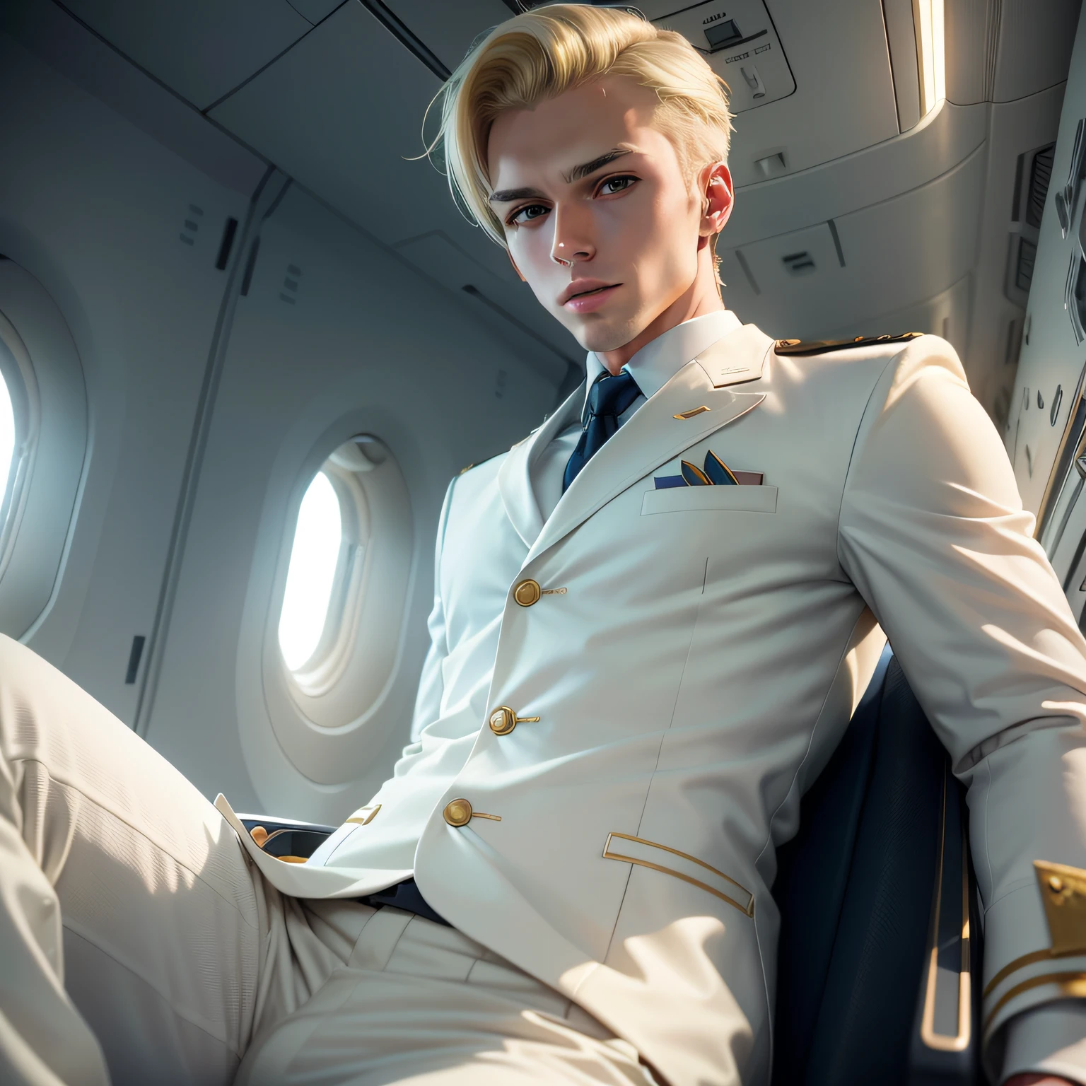 blond man in white suit sitting on a Boeing 787 looking at the camera, wearing captain uniform, 26 year old man on a airplane, attractive man, attractive male, in flight deck,short blonde hair, high res, blonde man, handsome male, green-eyed man
