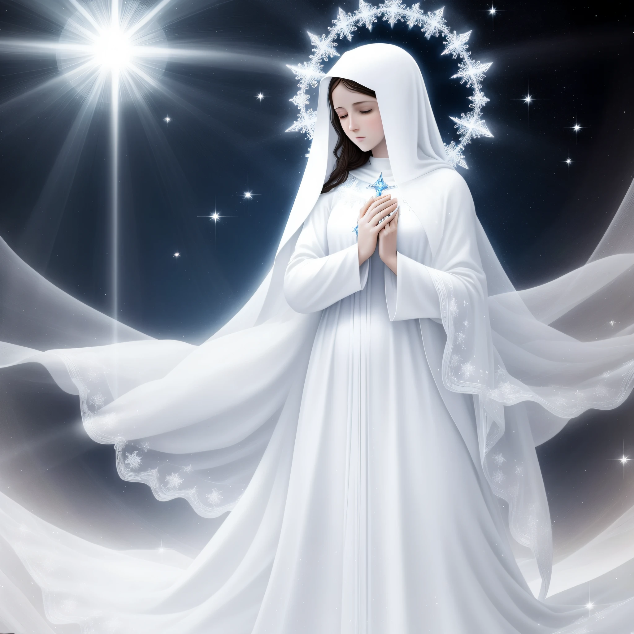 Virgin Mary Mother of Jesus full body with a beautiful white cloak and a white veil with a halo in the shape of an ice crystal coming out rays of light from her head with arms raised down against a backdrop of snows with flakes of ice falling to the ground