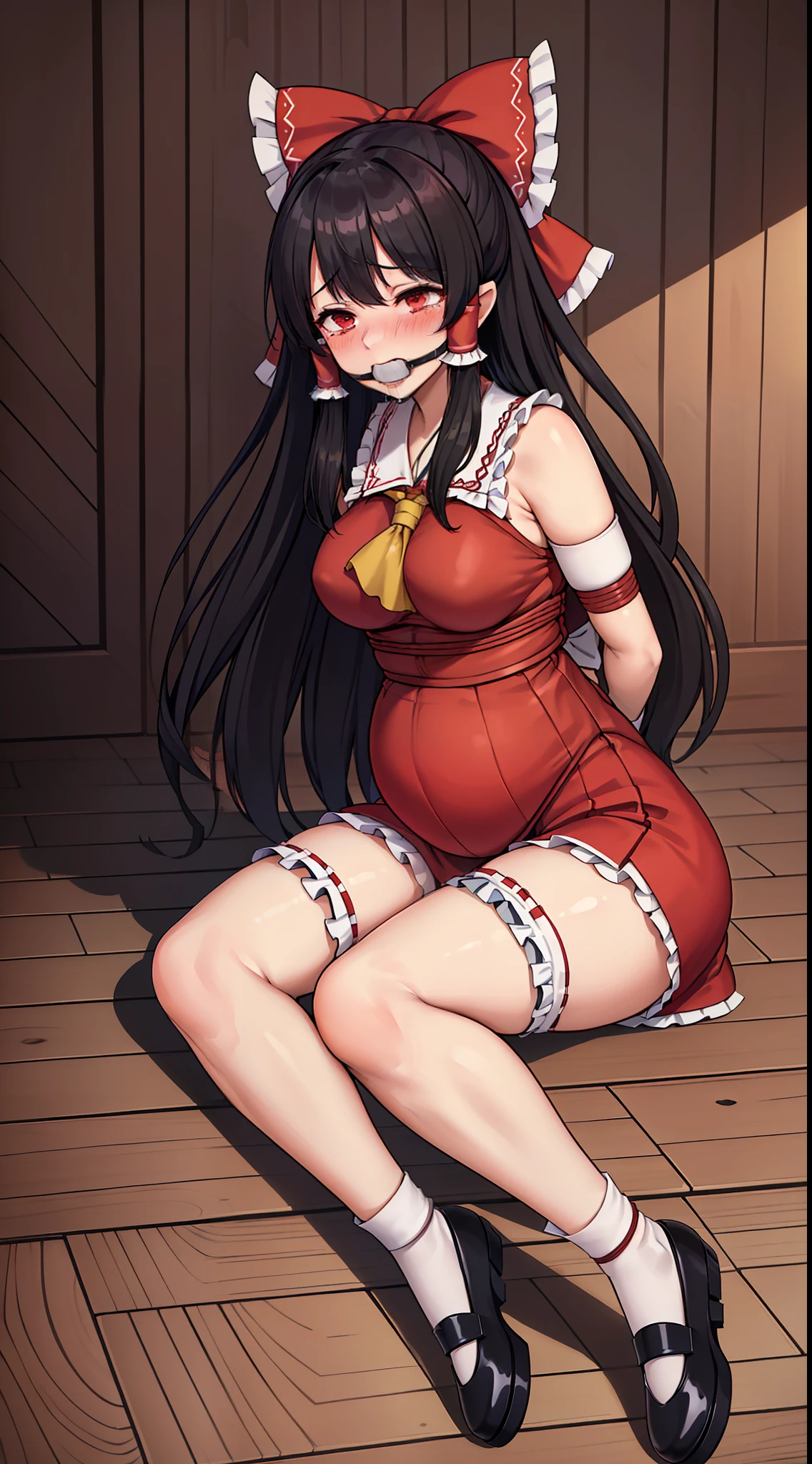 masterpiece, best quality,(((Hakurei Reimu))),black hair,((blush)), ((tears)), ((shy)),((gag)),((wedding_dress)),((frilled socks)), ((((mary janes)))),((arms_behind_back)),((legs together)), ((bondage)),((shibari)),pregnancy,