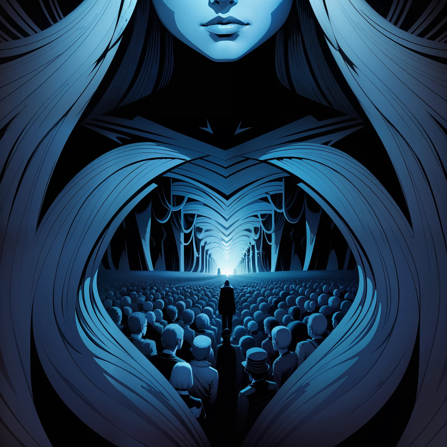 angle of depression,Hundreds of people huddled together,High contrast illustration,kilian eng vibrant colours,the artist is charles burns
