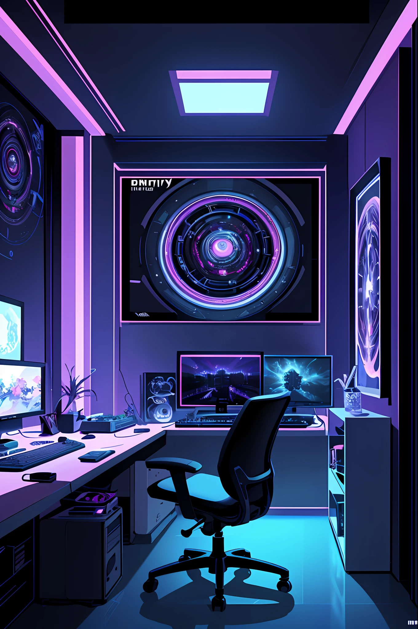 (masterpiece), (best illustration),(no humans), anime background, gaming bedroom, television with large computer, ring lighting , rim lighting,(extremely detailed CG unity 8k wallpaper),(masterpiece), (best quality), (vaporwave style), (ultra-detailed), (best illustration),(best shadow),perfect lighting , perfect anatomy , vivid colors,