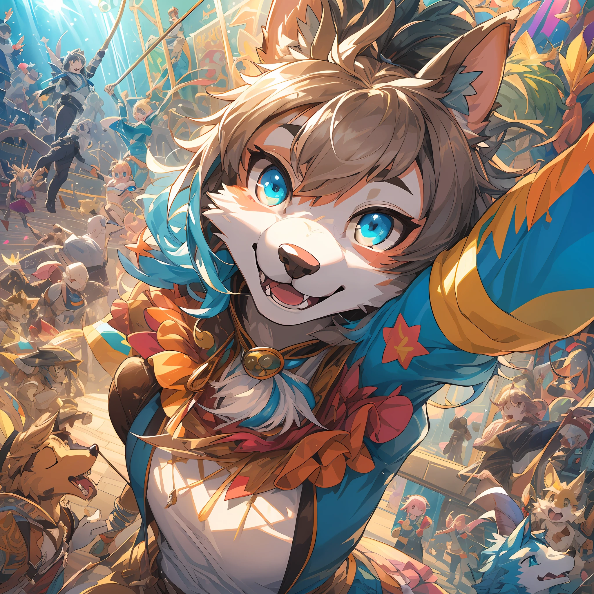 top quality, best quality, High-quality illustrations, masterpiece, super high resolution, detailed background, detailed background, circus, colorful light, Acrobat, stage, group shot:0.1, 6+boys, 6+girls, Happy, joyful, absurdres(highly detailed beautiful face and eyes)perfect anatomy(kemono, furry anthro)selfie:0.1,
