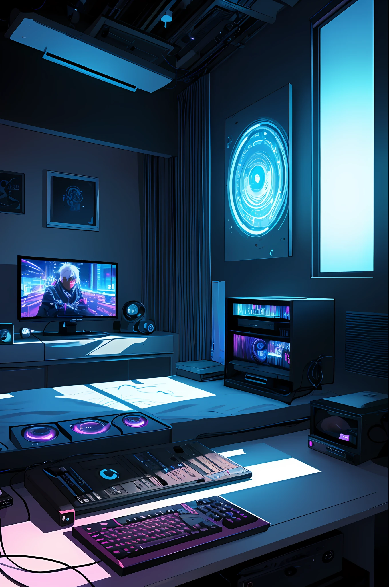 (masterpiece), (best illustration),(no humans), anime background, gaming bedroom, television with large computer, ring lighting , rim lighting,(extremely detailed CG unity 8k wallpaper),(masterpiece), (best quality), (vaporwave style), (ultra-detailed), (best illustration),(best shadow),perfect lighting , perfect anatomy , vivid colors,