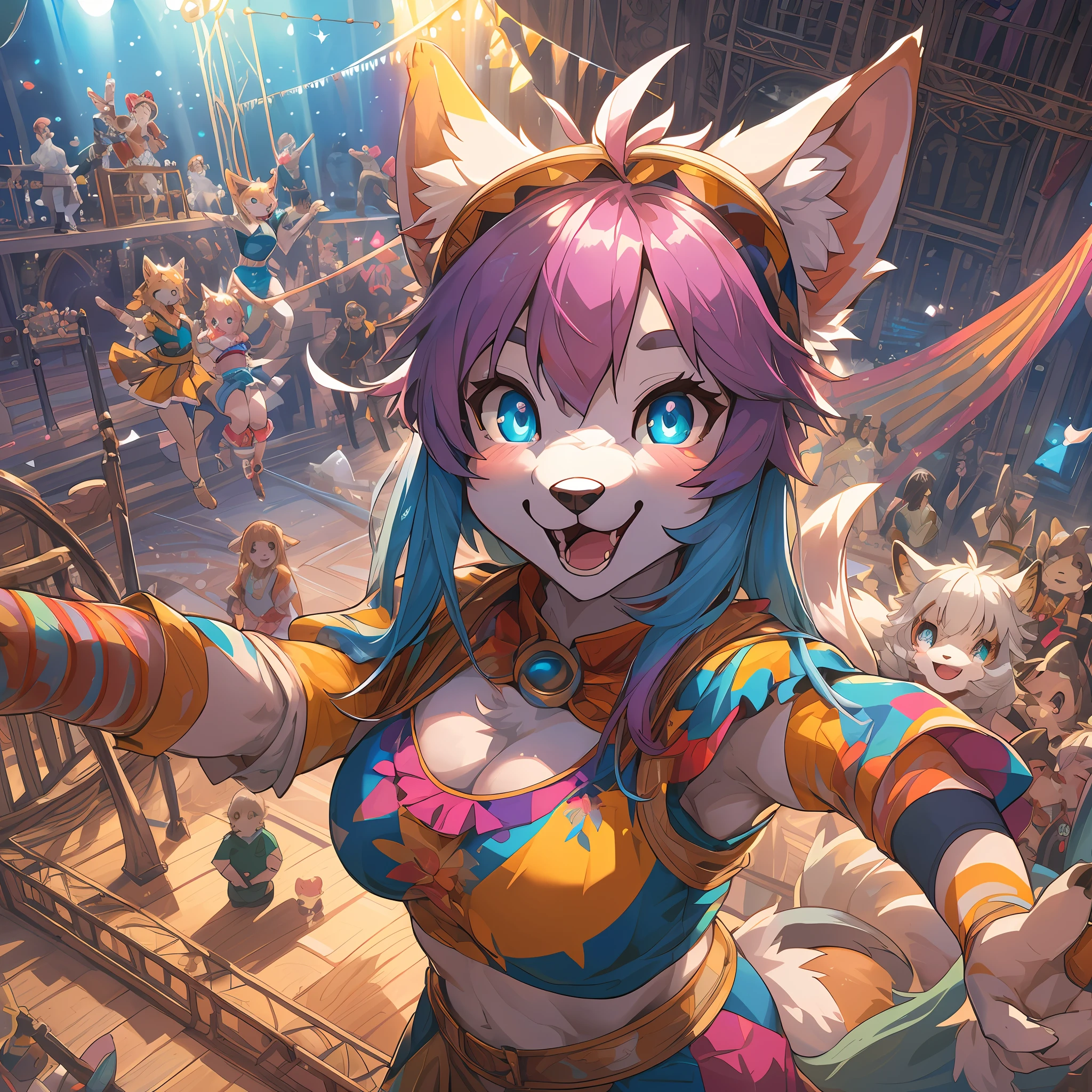 top quality, best quality, High-quality illustrations, masterpiece, super high resolution, detailed background, detailed background, circus, colorful light, Acrobat, stage, group shot:0.1, 6+boys, 6+girls, Happy, joyful, absurdres(highly detailed beautiful face and eyes)perfect anatomy(kemono, furry anthro)selfie:0.1,