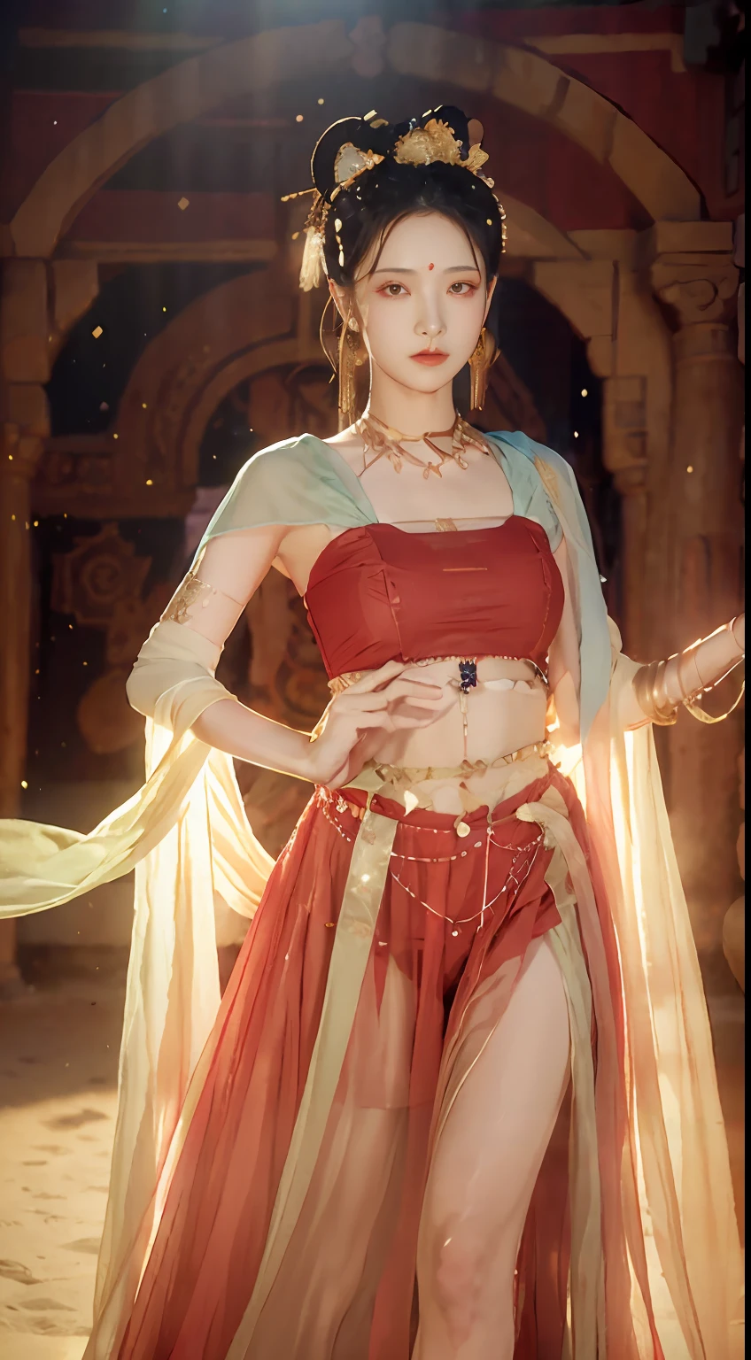(8k, RAW photo, best quality, masterpiece:1.2), (realistic, photo-realistic:1.4), (extremely detailed CG unity 8k wallpaper), (1 girl:1.5), Western beauty, (Red clothes: 1.4), red spots on forehead, pale skin, blush, big eyes, full body, thighs, open navel, gold waist chain, gold jewelry, flying ribbons, particles, background is Loulan ancient city, ancient city wall, desert, dance, dunhuang_dress, dunhuang_style,