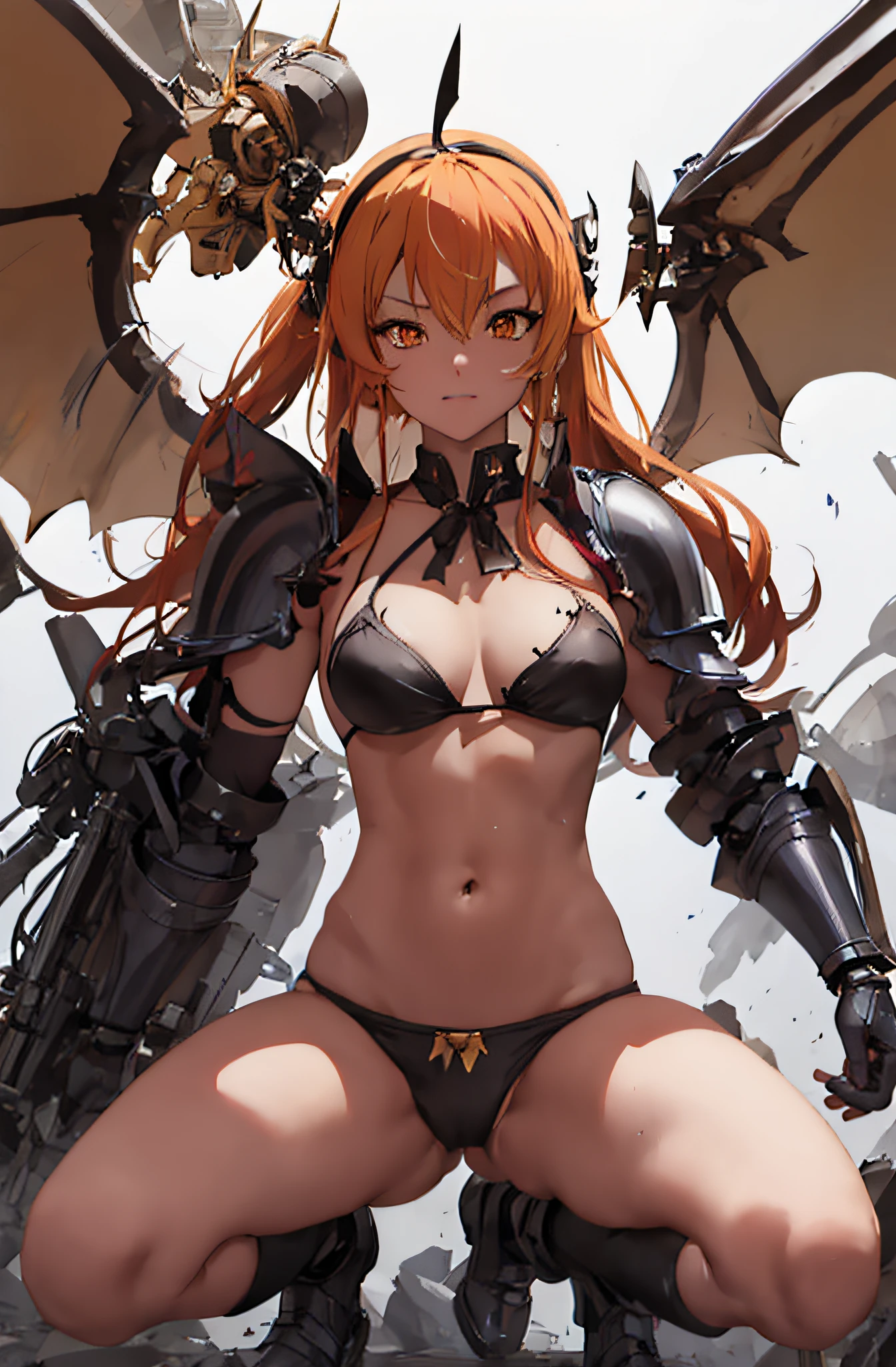 Anime girl with wings and armor pose in the photo, armor girl, bikini armor female knight, by Yang J, Succubus, mechanized valkyrie girl, angel knight girl, Bikini Armor, Torn Bikini Armor, Open your crotch、crouching down、rossdraws 1. 0, rossdraws 2. 5, rossdraws sakimimichan, a beautiful succubus, Dragon Girl、Rubble battlefield