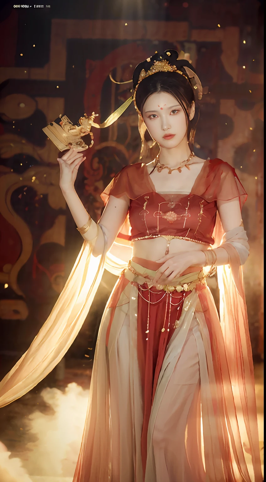 (8k, RAW photo, best quality, masterpiece:1.2), (realistic, photo-realistic:1.4), (extremely detailed CG unity 8k wallpaper), (1 girl:1.5), Western beauty, (Red clothes: 1.4), red spots on forehead, pale skin, blush, big eyes, full body, thighs, open navel, gold waist chain, gold jewelry, flying ribbons, particles, background is Loulan ancient city, ancient city wall, desert, dance, dunhuang_dress, dunhuang_style,