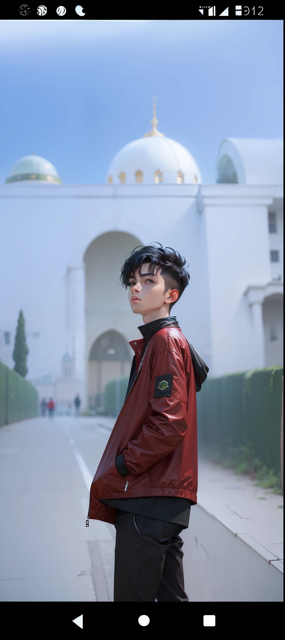 best quality, high resolution, fine detail, amazing and beautiful detail, different_image,1 boy, dark red jacket, dark green shirt, from below, black hair, black eyes, outer space, dome, dome, black pants,