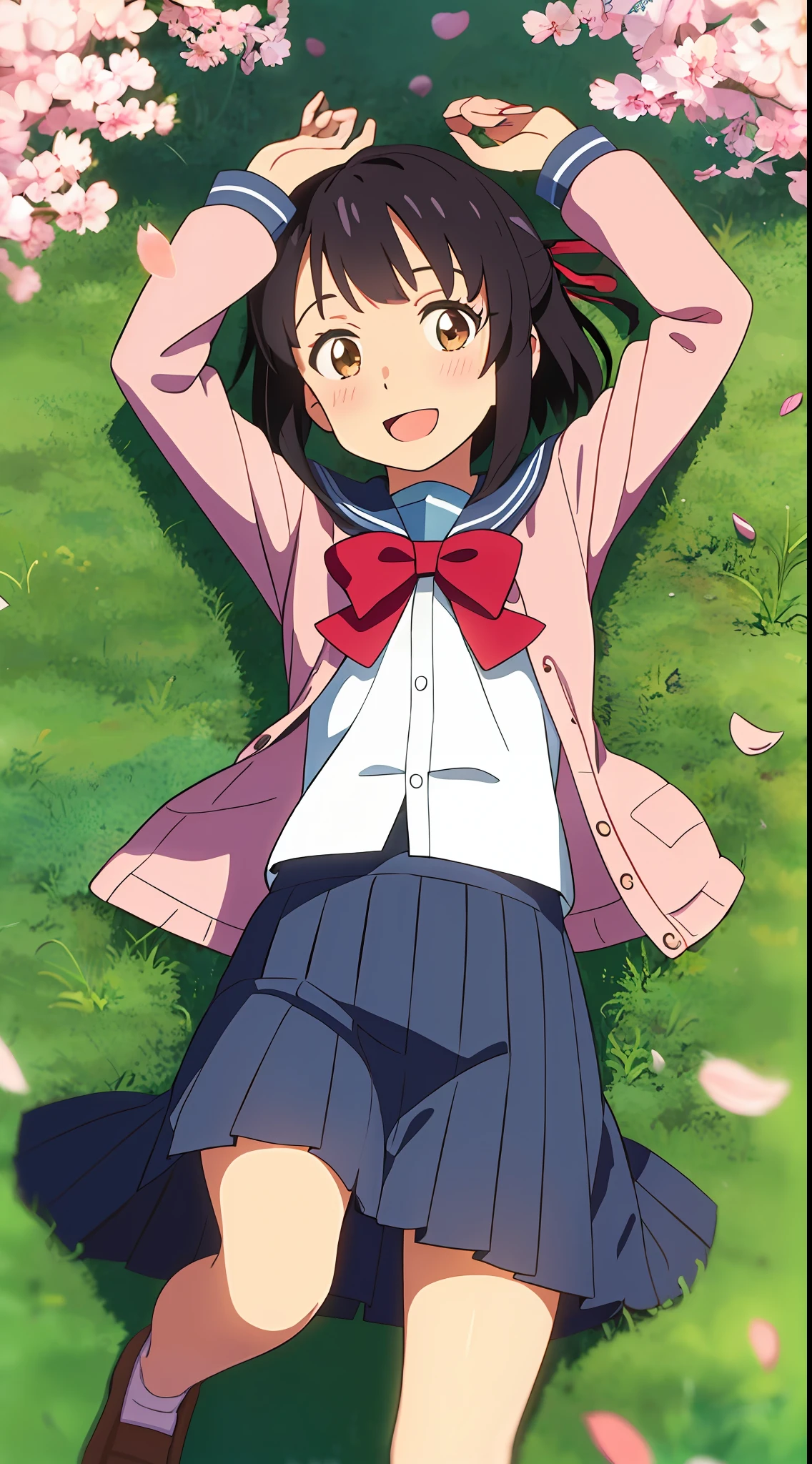 best quality, masterpiece, colorful, beautiful, shinkai makoto, kimi no na wa., 1girl, bangs, black hair, blush, brown eyes, sailor collar, blue sailor collar, sailor color, white sailor color, serafuku, looking at the viewer, cowboy shot, red bow, red headband, red ribbon, school uniform, short hair, smile, cute, solo, shirt, long sleeves, happy, open mouth, :D, blue skirt, pink cardigan, open clothes, brown footwear, arms up, lying, lying on grass, grass, cherry blossom