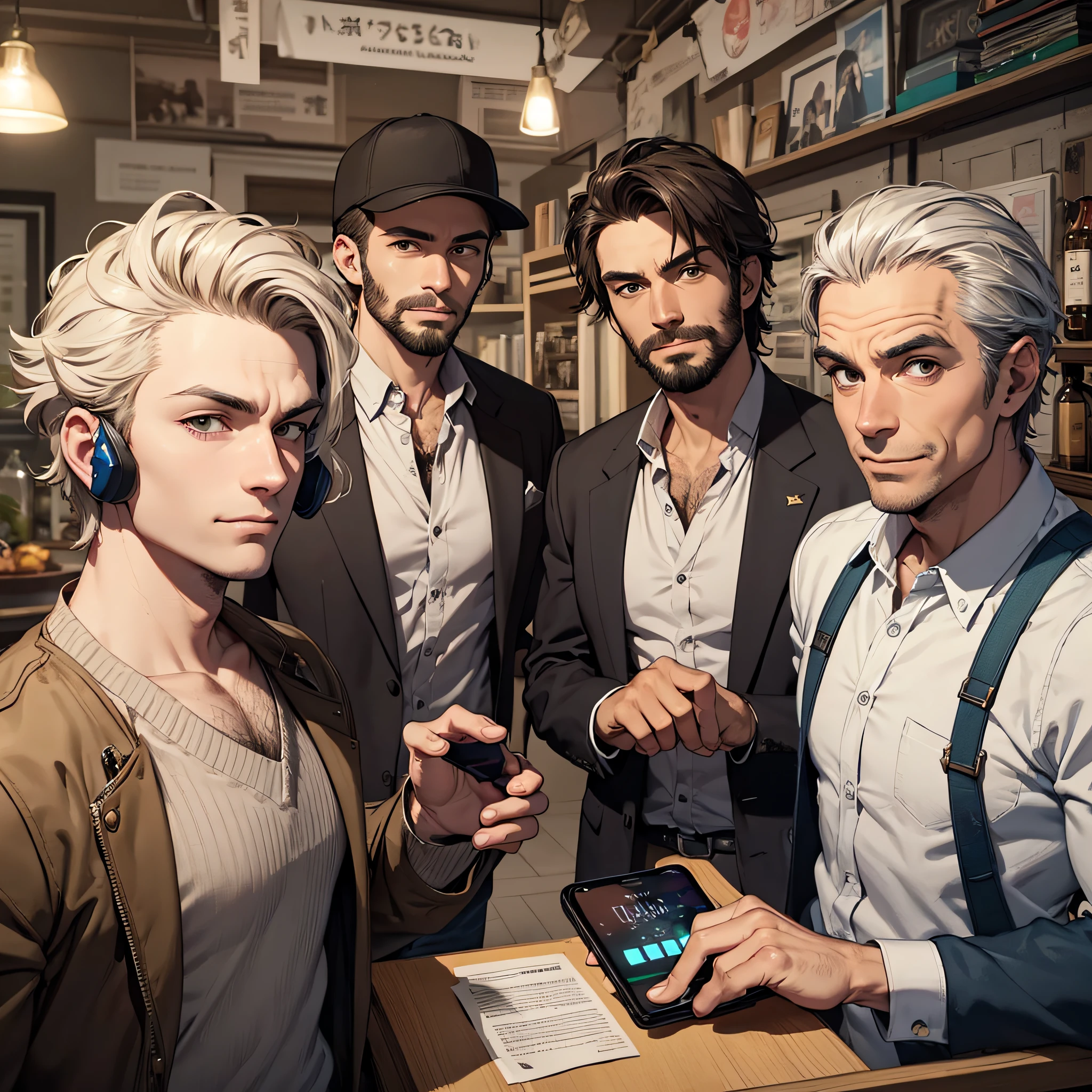 A group of American men,A smug look,Look at the phone screen,A mocking expression