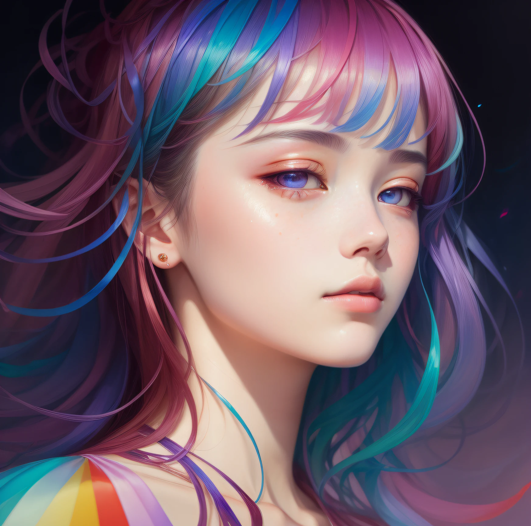 _james jean, floating female figure made of ribbons, smoke, in the sky, colorful and vibrant, mystical colors, contemporary impressionism, yanjun cheng portrait painting, iridescent painting, 3/4 perspective view, cute face, low angle, sweeping circling composition, large beautiful crystal eyes, big irises, UHD, HDR, 8K, (Masterpiece:1. 5), (the most beautiful portrait in the world:1.5)