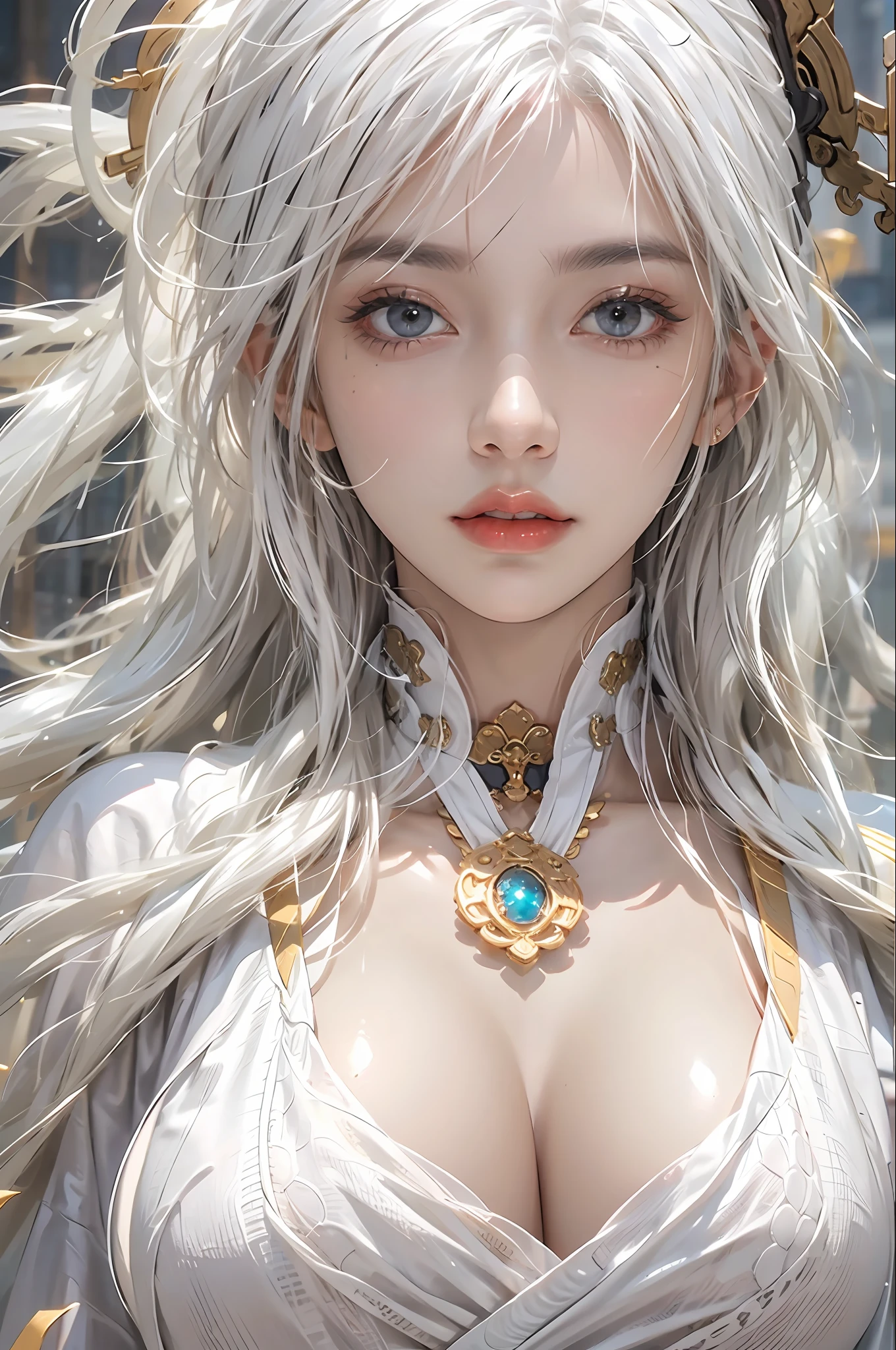 photorealistic, high resolution, 1women, solo, hips up, look at viewer, (detailed face), white hair, long hair, medium breasts, Taoist