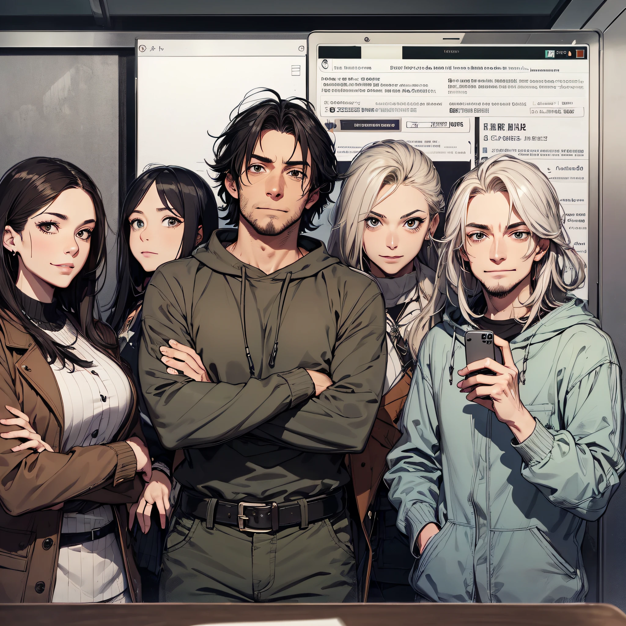 A group of American men,A smug look,Look at the phone screen,A mocking expression
