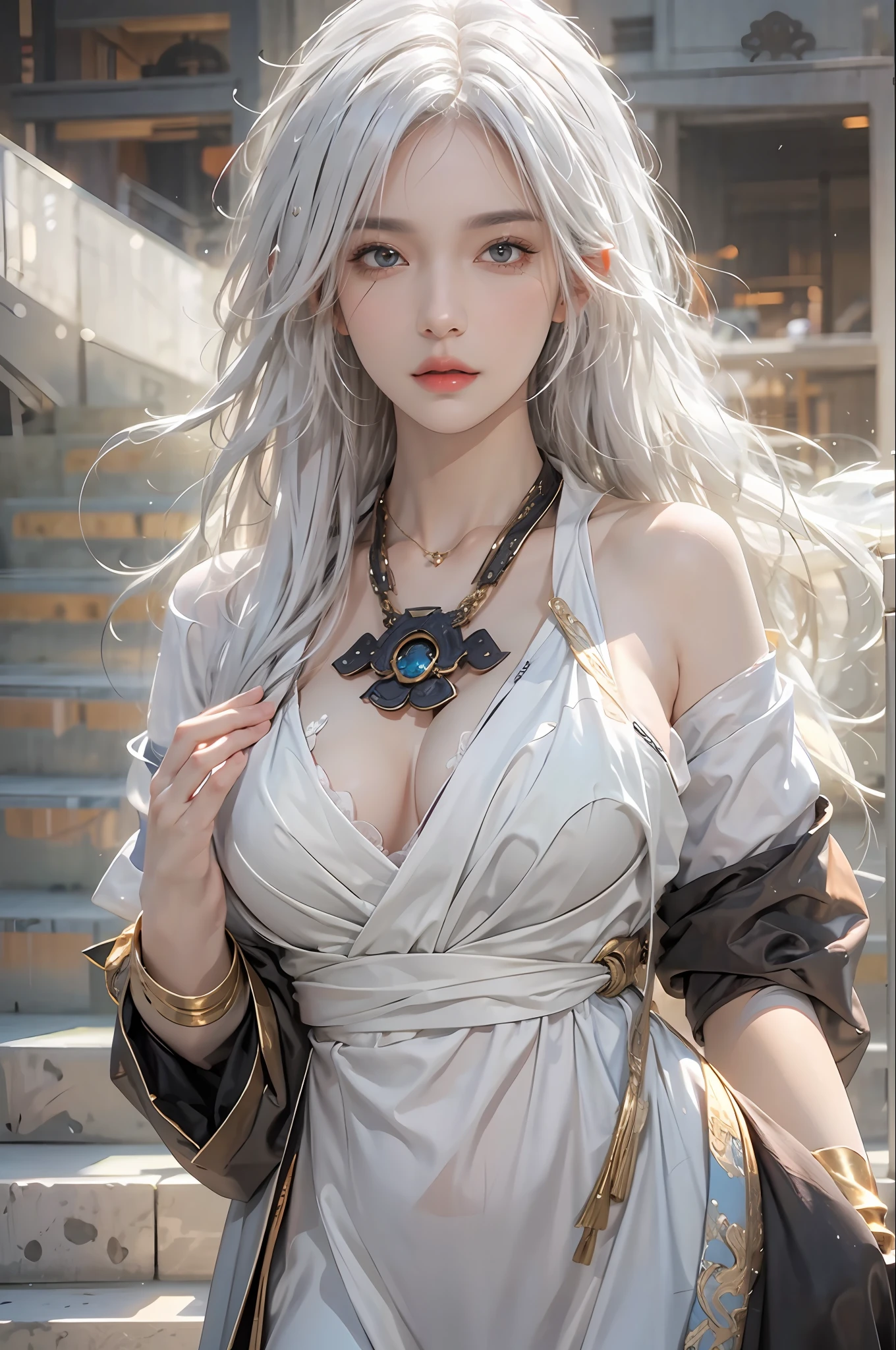 photorealistic, high resolution, 1women, solo, hips up, look at viewer, (detailed face), white hair, long hair, medium breasts, Taoist