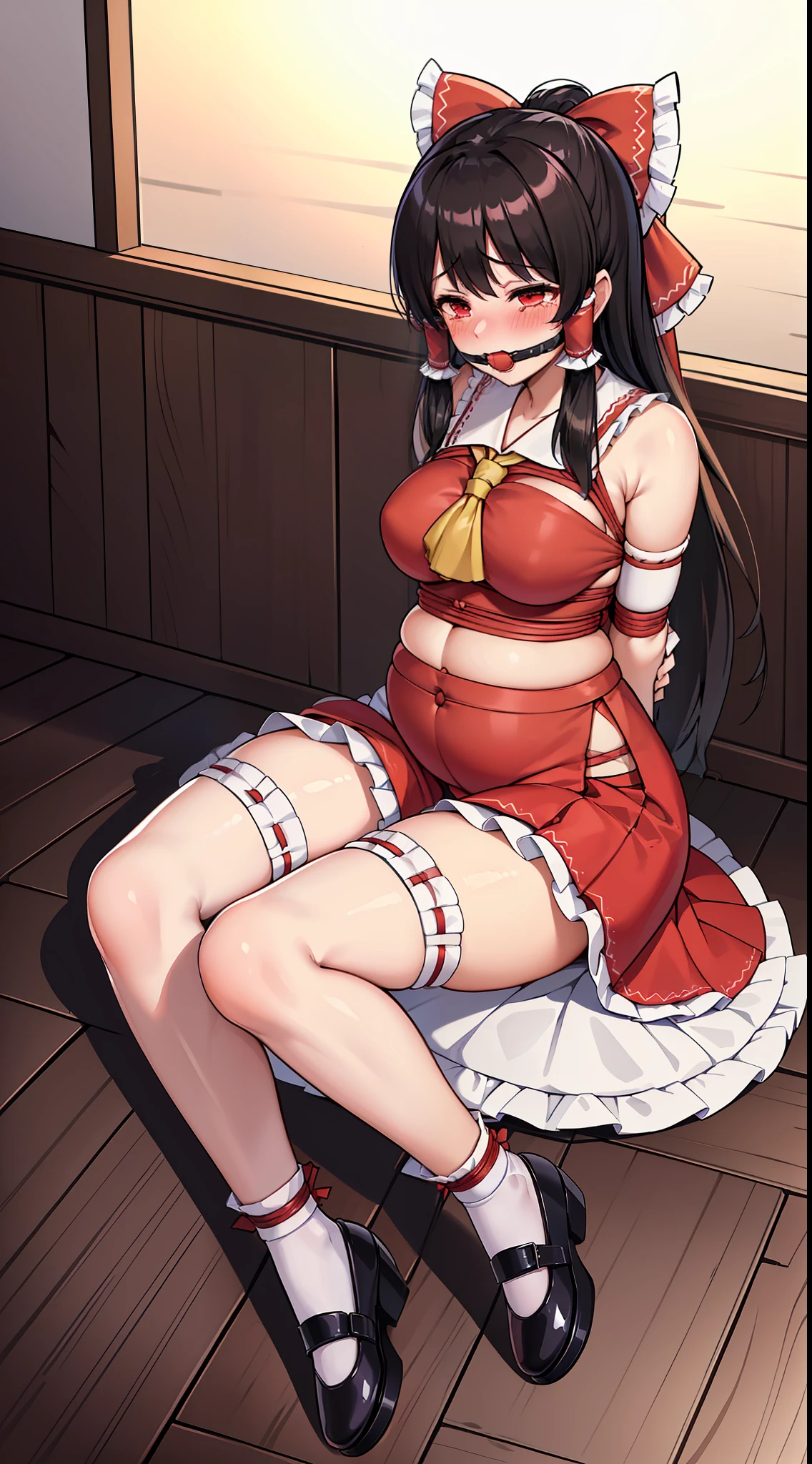 masterpiece, best quality,(((Hakurei Reimu))),black hair,((blush)), ((tears)), ((shy)),((gag)),((wedding_dress)),((frilled socks)), ((((mary janes)))),((arms_behind_back)),((legs together)), ((bondage)),((shibari)),pregnancy,