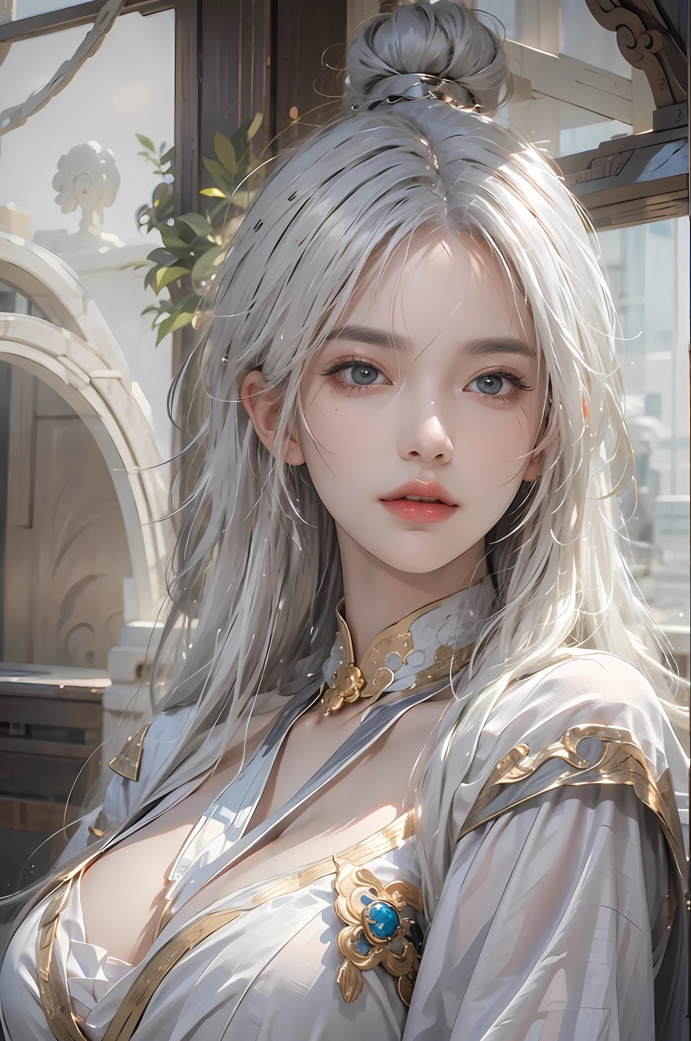 photorealistic, high resolution, 1women, solo, hips up, look at viewer, (detailed face), white hair, long hair, medium breasts, Taoist