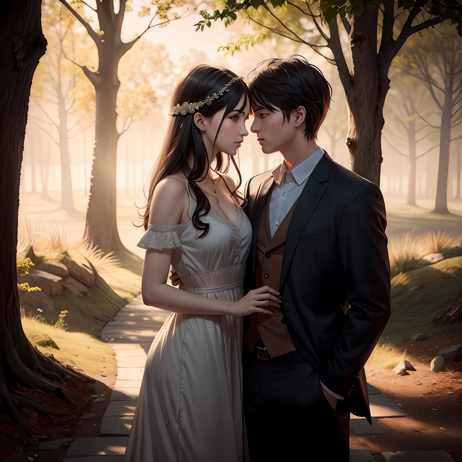 There are two people together in a park with trees, wlop e ross tran, Wlop e Andrei Riabovitchev, foto do casamento, Makoto Shinkai e Tom Bagshaw, Wlop e Sakimichan, romantic couple, retrato do romantismo, Wlop e Ross Thran, loish e wlop, Charlie Bowater e Tom Bagshaw