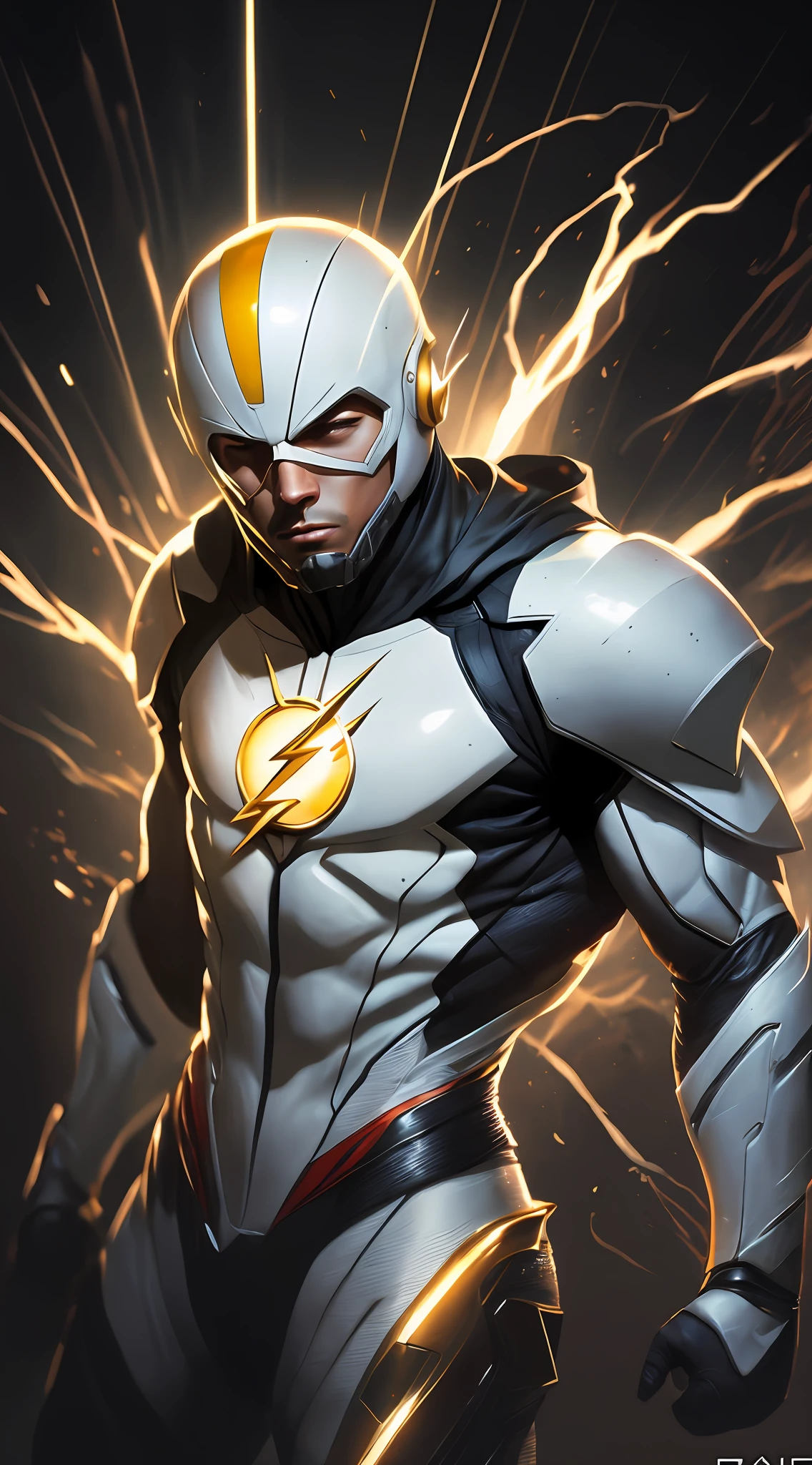 imagem arafed de um homem em um traje branco e amarelo, Artgerm JSC, Directed by: Eddie Mendoza, flash chamativo elegante, Speedster, armadura branca simplificada, Raio Branco, inspirado em Marek Okon, armadura branca elegante e simplificada, elegante armadura branca brilhante, Chris Moore. Artgerm, Artgerm Greg Rutkowski _ Greg