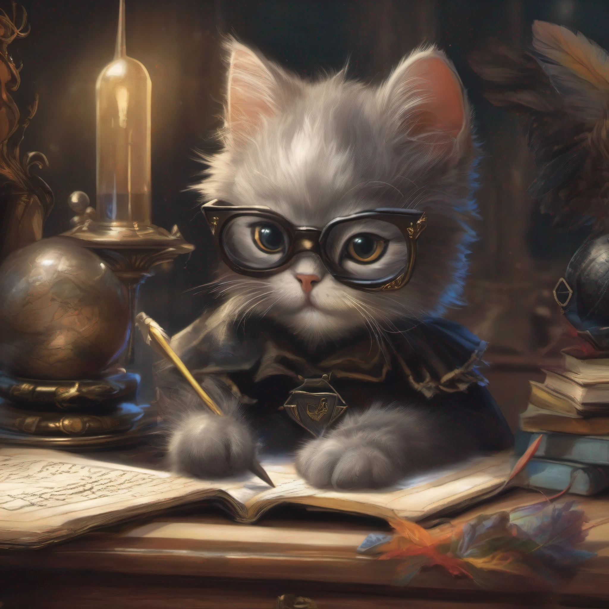 little writer kitten, close up, at his desk, a crow's quill in his little paw, a pair of glasses over his eyes