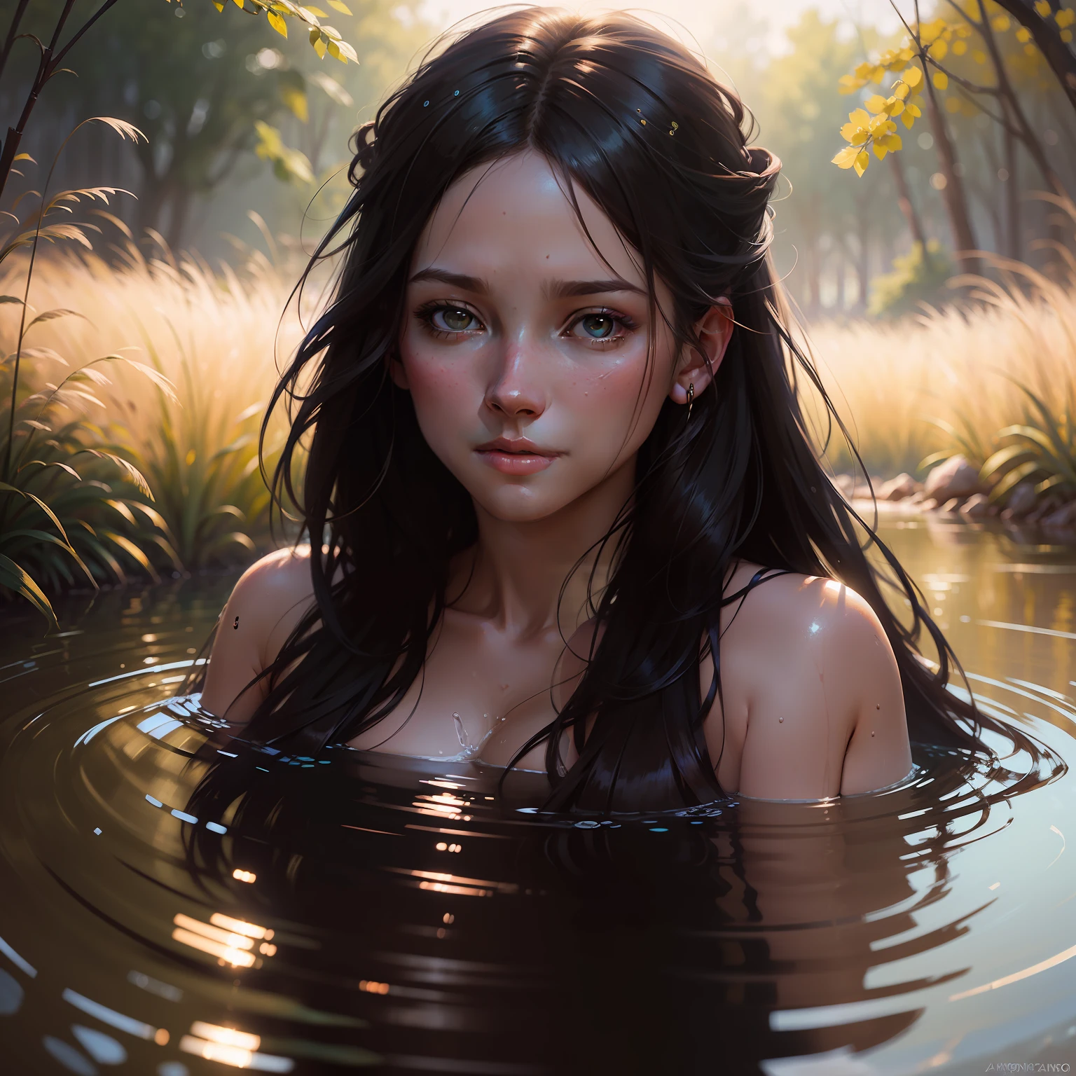 close up portrait of a cute woman (gldot) bathing in a river, reeds, (backlighting), realistic, masterpiece, highest quality, lens flare, shade, bloom, [[chromatic aberration]], by Jeremy Lipking, by Antonio J. Manzanedo, digital painting,