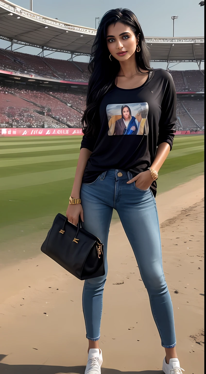 ((Best Quality, 8k, Masterpiece:1.3)), Focus: 1.2, Perfect Body Beauty: 1.4, Arabian 23 years old woman: 1.2, ((Long black Hair)), (wearing black Baggy tee-shirt:1.1) , basic plain full length baggy tee-shirt (Rain, :1.3), Maroon skinny jeans, long jeans: 1.1, Highly detailed face and skin texture, Detailed black eyes, Double eyelids, toned body, Whitened skin, smile, toned breasts, toned legs, heels, toned hips, whitened skin, detailed eyes and face, middle eastern woman, standing at national cricket stadium Karachi Pakistan, grassy, wet, stadium light's on, no crowd, standing at cricket stadium, wearing Nike running shoes, model posing, open leg's, carrying brown leather hand bag, light make-up, bangle's, golden watch, earrings, Karachi, Pakistan