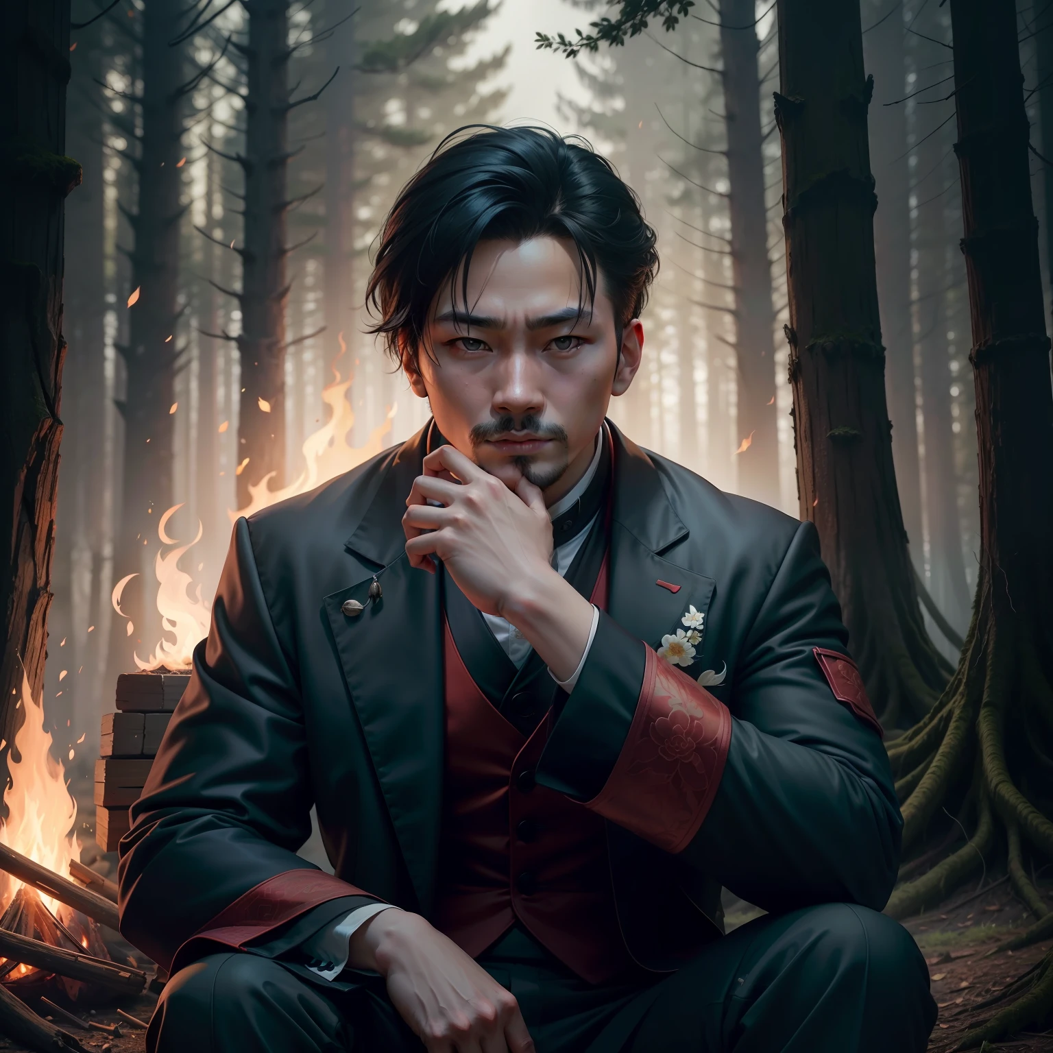 Chinese man sitting in front of a campfire in the woods,Portrait of Etienne Dryset,Pexels competition winner,number art,8K artistic portrait photography,Dramatic portrait of Namenlos,Portrait shot 8 k,Cinematic portrait,cinematic ligh。author:leng jun, Portrait shooting, Epic portraits of film shooting, enviromental portrait, Dramatic cinematic portraits, Two hands,5 fingers per hand