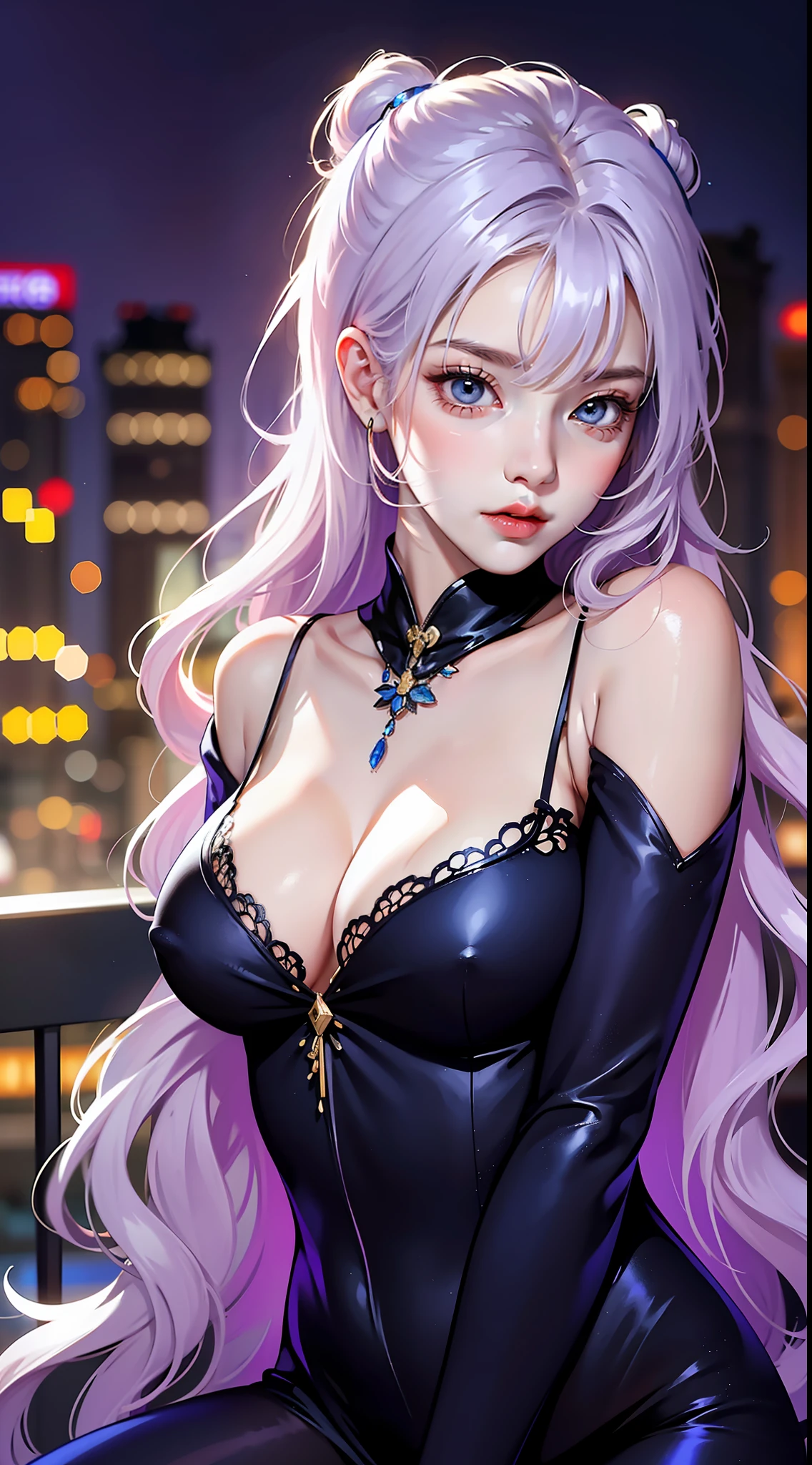tmasterpiece，best qualtiy，8K，k hd，1girll，Human maiden，12year old，Young，Chu Chu pitiful，（（（White curly hair））），By bangs， Bigchest，Eyes sparkle，（glowing light eyes：1.233），dressed as Spider-Man，（beautiful and detailed eye：1.1），Blushlush，Beautiful cityscape，the night，Positive perspective，posing on a，（（（cowboy lens）））