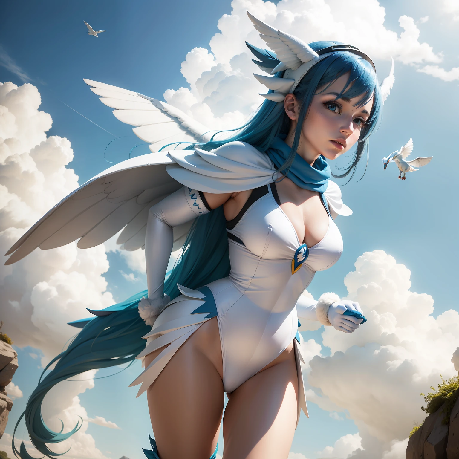 Un llamativo, highly realistic photo of a woman dressed as Lugia from Pokémon, with a vibrant representation of the costume and aerial backdrop.