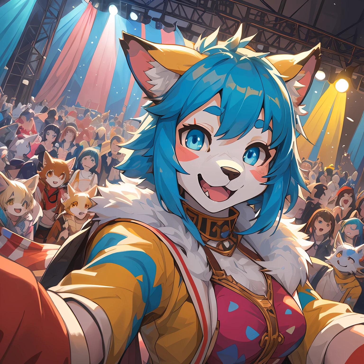 top quality, best quality, High-quality illustrations, masterpiece, super high resolution, detailed background, detailed background, circus, colorful light, Acrobat, stage, group shot:0.1, 6+boys, 6+girls, Happy, joyful, absurdres(highly detailed beautiful face and eyes)perfect anatomy(kemono, furry anthro)selfie:0.1,
