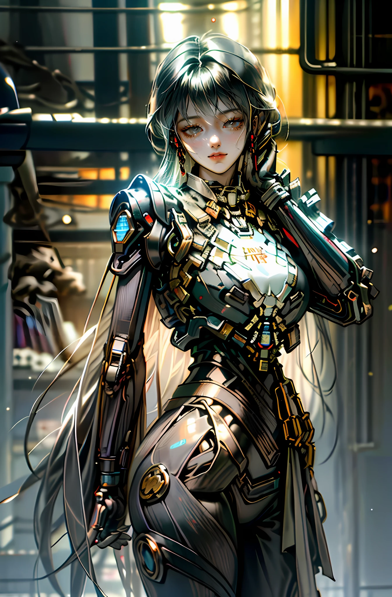 Dark_Fantasy,Cyberpunk,(chain saw,chain saw man,Red:1.1),1man,Mechanical marvel,Robotic presence,Cybernetic guardian, wearing a worn-out mech suit, intricate, (steel metal [rusty]), elegant, clear focus, shot by greg rutkowski, soft lighting, vibrant colors, masterpiece, ((street)), cowboy shot, dynamic pose,