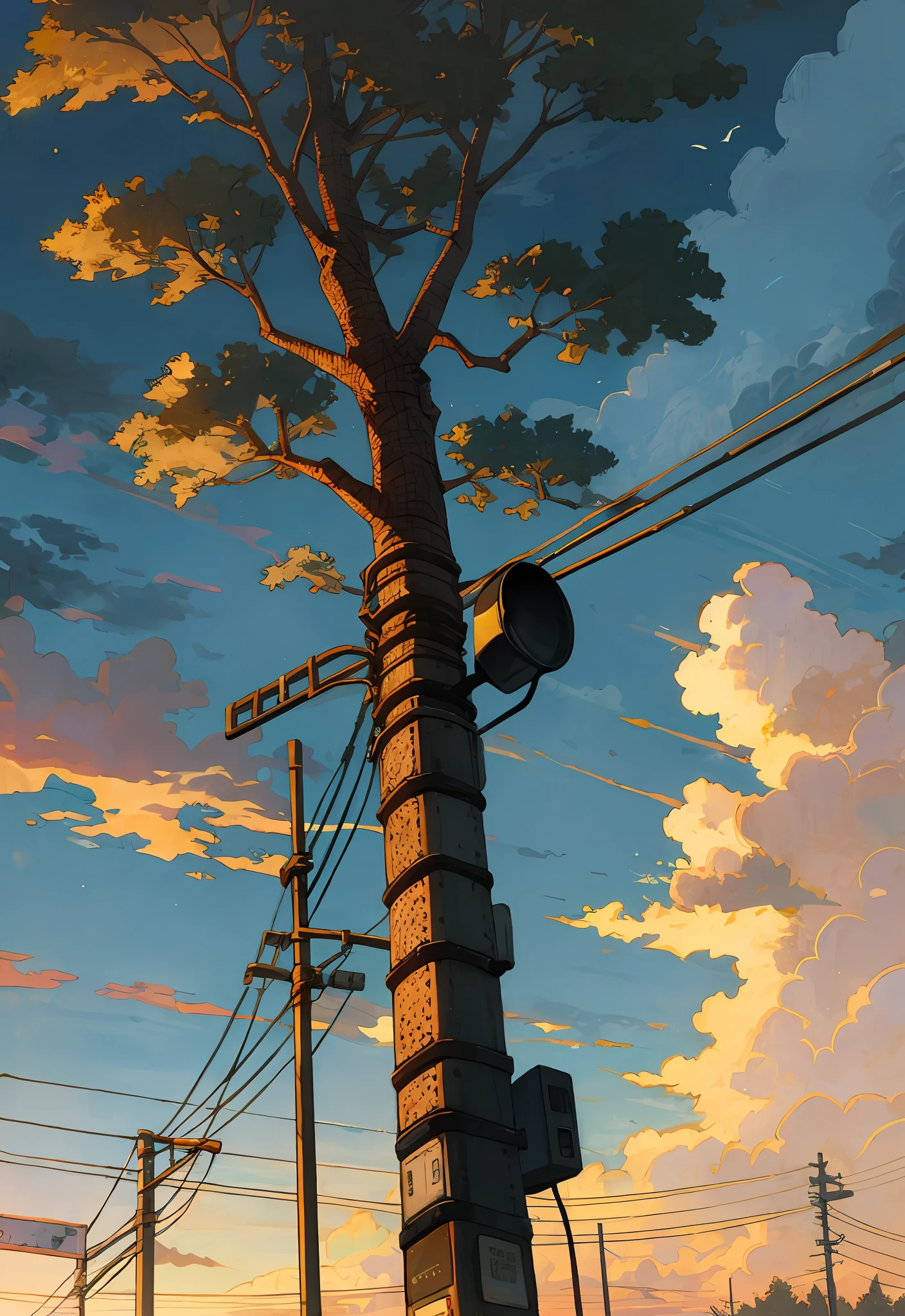 eventide,The tree,telephone poles,clouds,Little Sun,Iron mesh