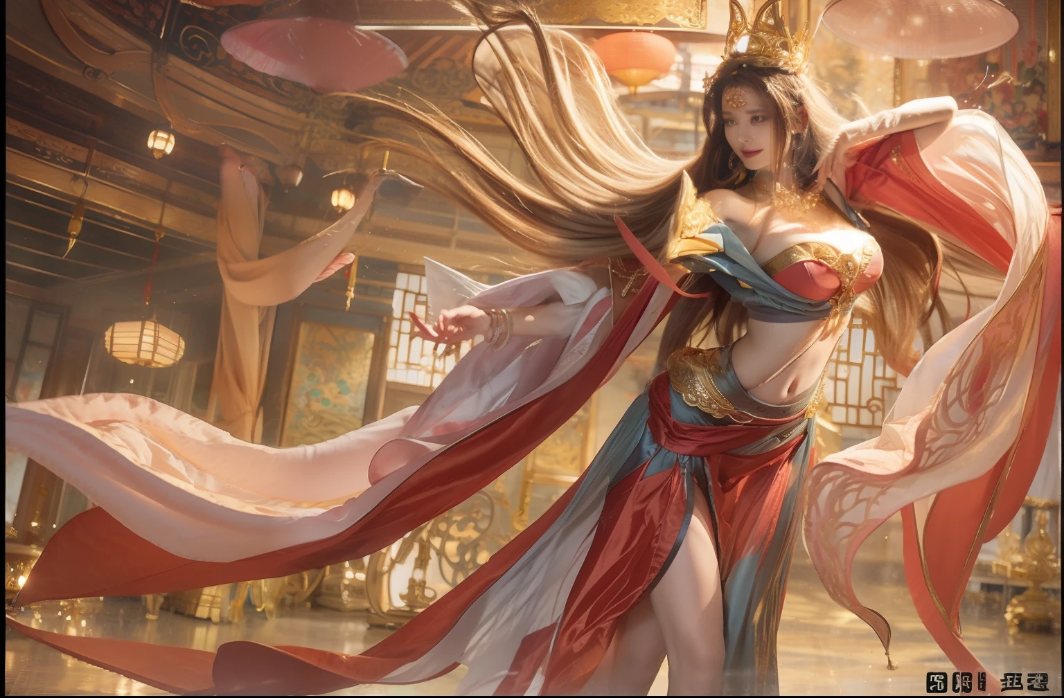 Ancient Chinese beauty dancer,详细的脸,Beautiful and elegant,Beautiful and moving,Aristocratic temperament,Wears a tall golden luminous crown,golden headdress,Wear a gold necklace,flowing long blonde hair,Full breasts,Wearing a red damask dress,Open navel,Dance,dancing posture,Finger down on the left hand,The fingers of the right hand are upturned,In the background is a gorgeous ancient Chinese palace,The lights are dim,Dark yellow toned background,Background bokeh,Correct anatomy,high high quality,illustrious,hyper HD,best qualtiy,Clear human body,RAW photos