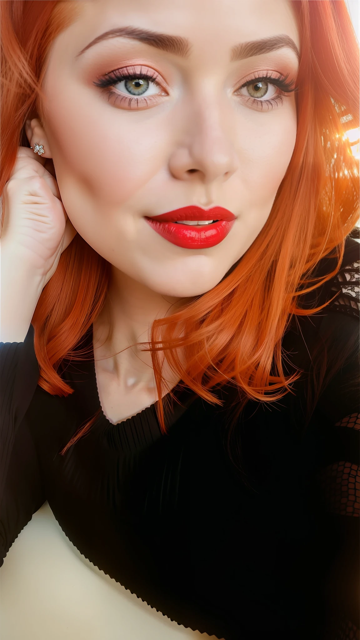 There's a woman with red hair posing for a photo, com cabelos ruivos, com cabelos ruivos cacheados, imagem de perfil, thick red lips, light-red lips, red lips, red head, com cabelos ruivos e olhos verdes, red hair, faint red lips, thick lips, Bochechas vermelhas, mulher com cabelo vermelho, taken in the early 2020s
