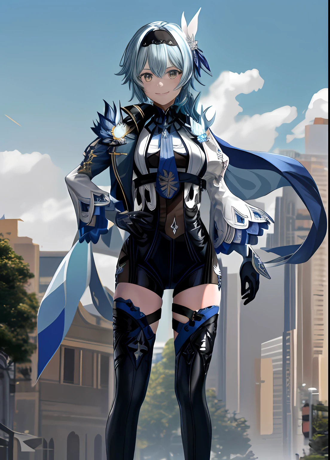 euladef, upper body, smile, blush, outdoor, daytime, simple background, blue sky, short hair, sky, waves, looking at the audience, moody lights, masterpiece, best quality, eula\ (genshin impact), 1 girl, solo, blue hair, gloves, look at the audience, smile, headband, tie, thighs, long sleeves, hair accessories, vision (genshin-impact), thighs, bangs, sky, blue tie, outdoor, black gloves, Black headband, yellow eyes, closed mouth, cape, medium hair, copyright name, blue sky, long hair, water, sky, white shoulders, tight stockings, thigh straps, clothing cut, shoulder cut, side lock, blue cape, black thigh height, colored eyes, riding position