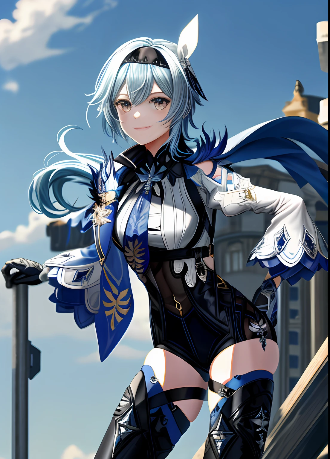 euladef, upper body, smile, blush, outdoor, daytime, simple background, blue sky, short hair, sky, waves, looking at the audience, moody lights, masterpiece, best quality, eula\ (genshin impact), 1 girl, solo, blue hair, gloves, look at the audience, smile, headband, tie, thighs, long sleeves, hair accessories, vision (genshin-impact), thighs, bangs, sky, blue tie, outdoor, black gloves, Black headband, yellow eyes, closed mouth, cape, medium hair, copyright name, blue sky, long hair, water, sky, white shoulders, tight stockings, thigh straps, clothing cut, shoulder cut, side lock, blue cape, black thigh height, colored eyes, riding position