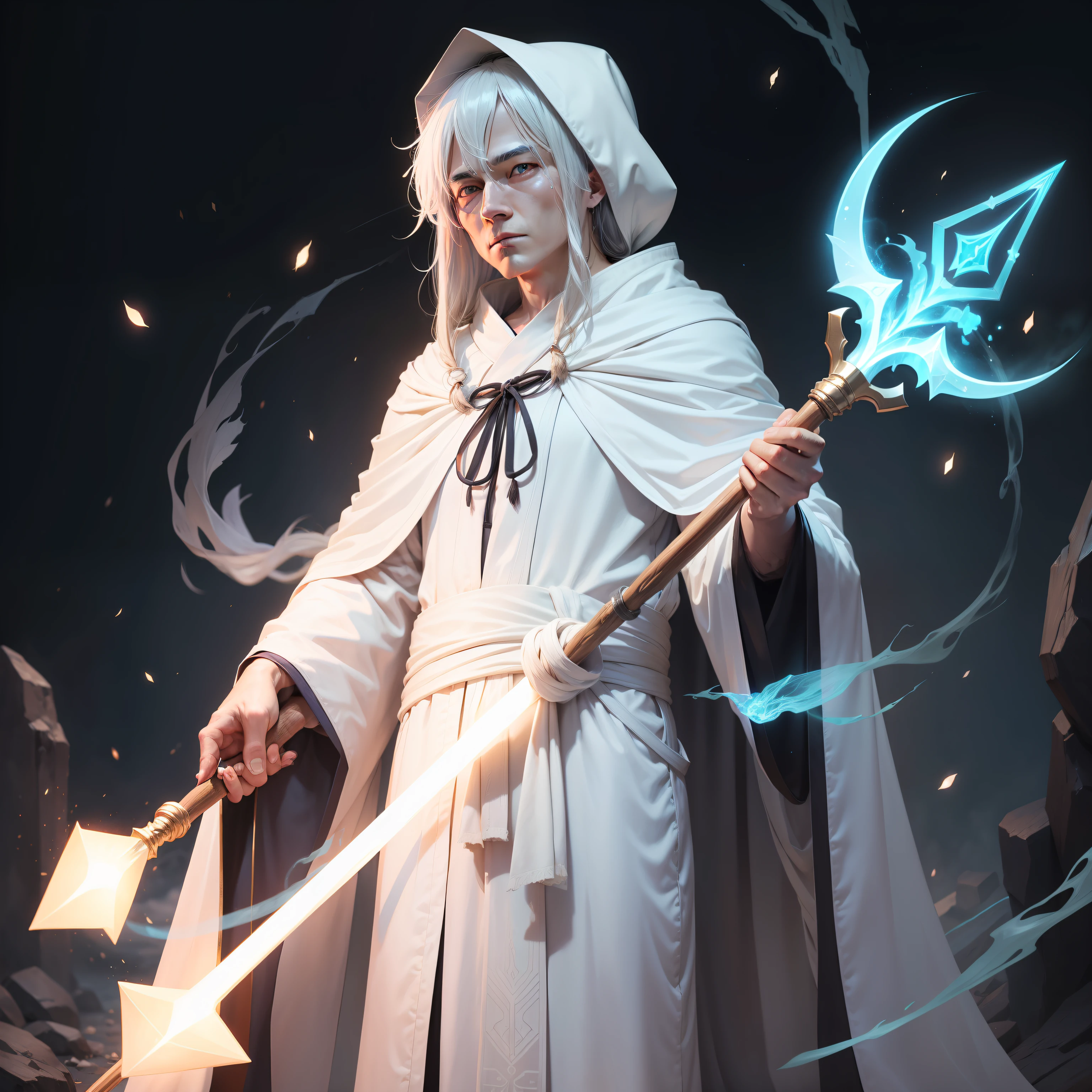 Magv1ll, old wizard, White robe, holding a staff, 废墟, Glow, magia