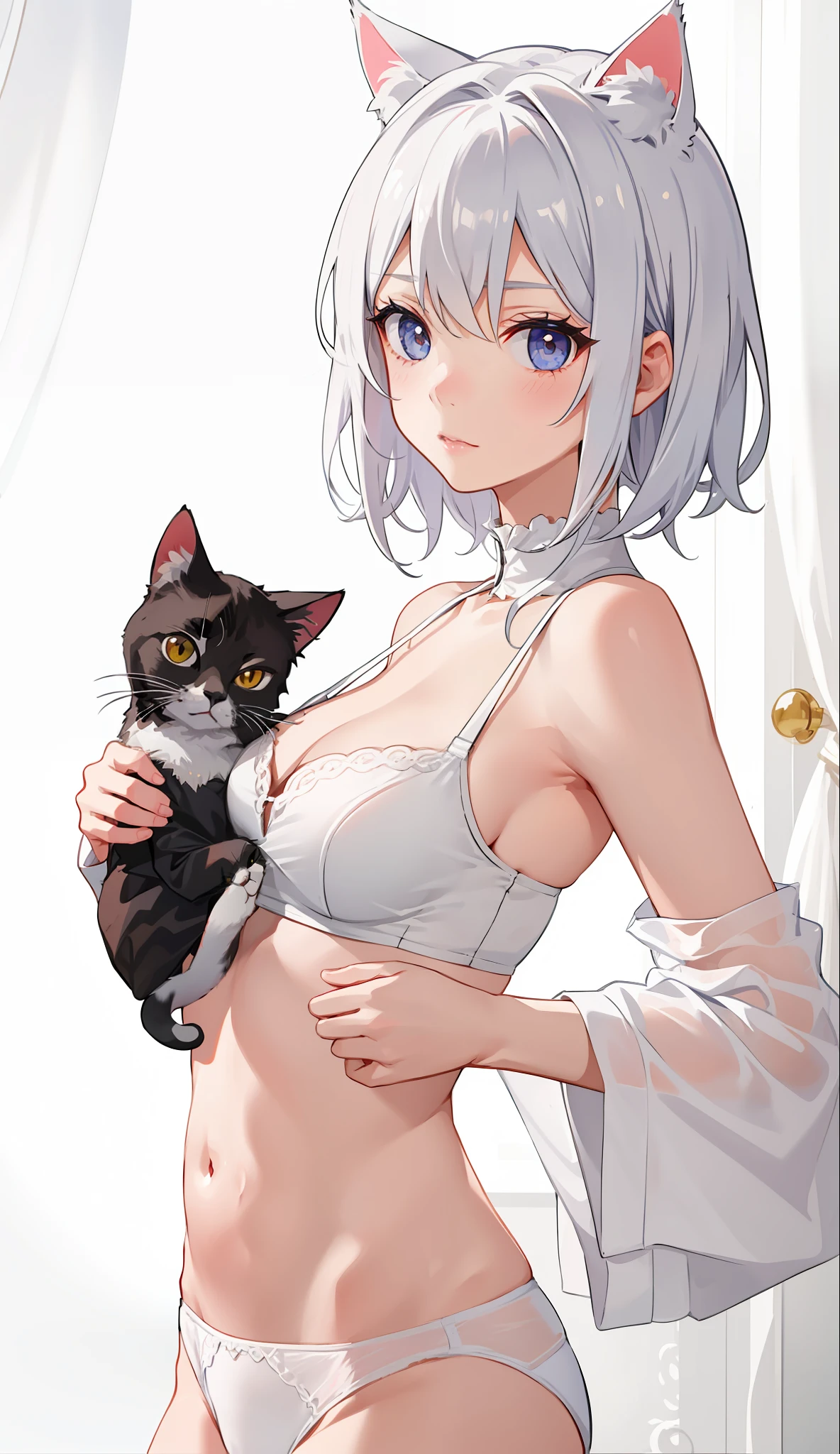 1girl in、Underwear、cute little、Upper body portrait、white  hair、Cat's ears、