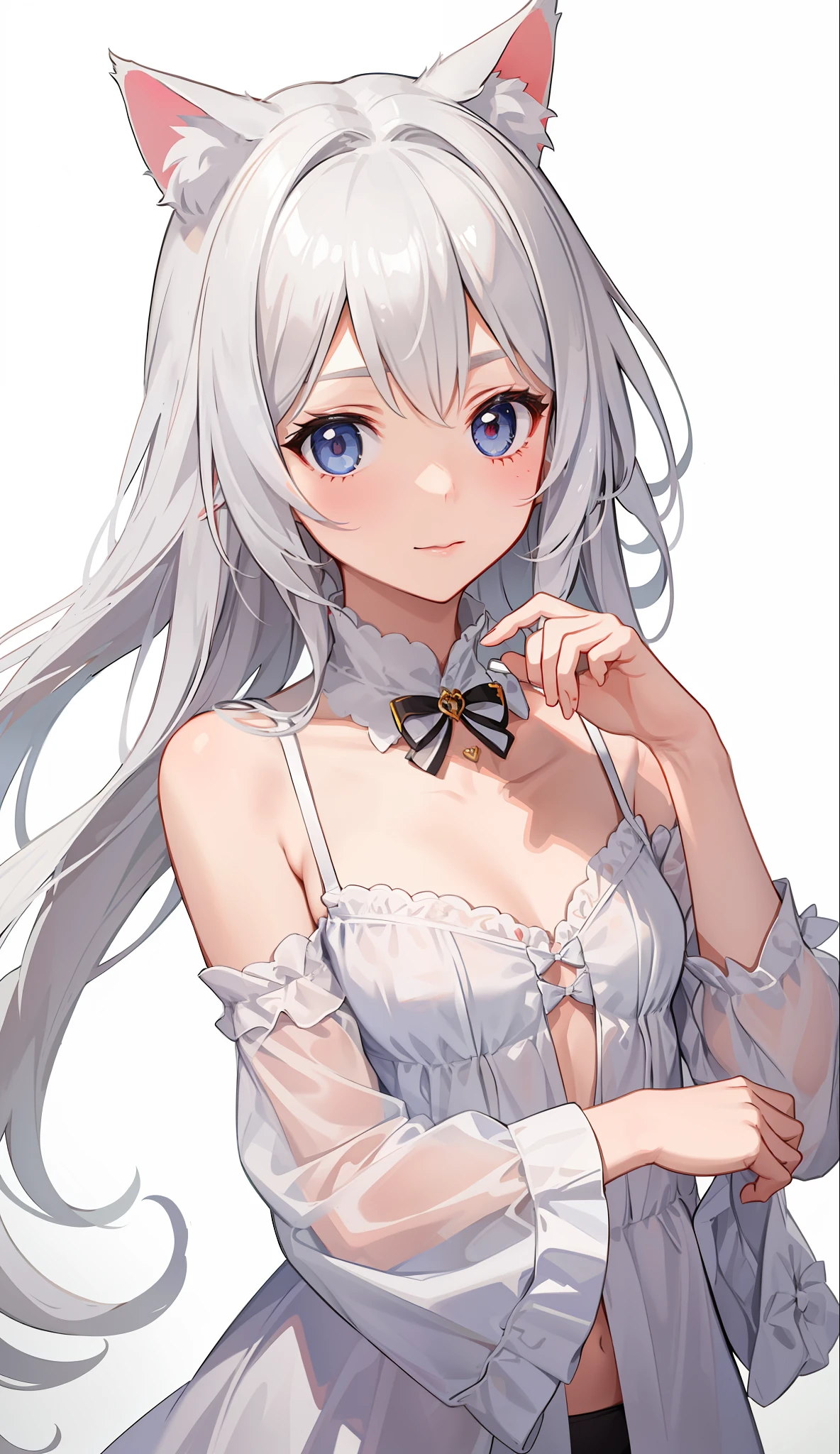 1girl in、Underwear、cute little、Upper body portrait、white hair、Cat's ears、