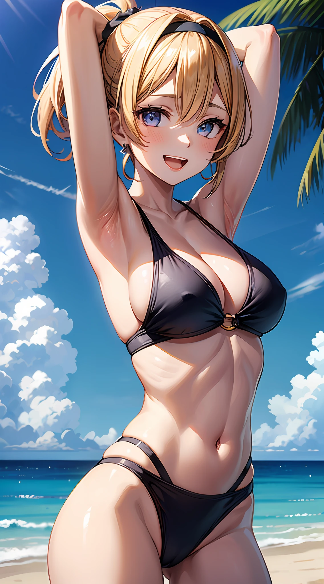 yamanaka_ino 1girl ara_ara armpit_blush armpit_pose armpit_pussy armpits arms_behind_head arms_up asymmetrical_bangs asymmetrical_hair bangs  black_bikini black_swimsuit blonde_hair blue_eyes blush  cleavage clothing :d deep_armpits earring_removed female female_only full_cleavage hairband hair_covering_eye hairline hair_over_one_eye high_ponytail inner_boob kunoichi large_breasts large_forehead long_hair long_ponytail looking_at_viewer mommy navel open_mouth open-mouth_smile ponytail presenting_armpits purple_hairclip sexy_armpits sideboob  smile smiling_at_viewer smooth_armpits solo swimsuit tied_hair tight_bikini tight_swimsuit underboob yellow_hairband milf high_resolution very_high_resolution cowboy_shot ai-created stable_diffusion topaz_a.i._gigapixel bad_teeth 15:8_ratio