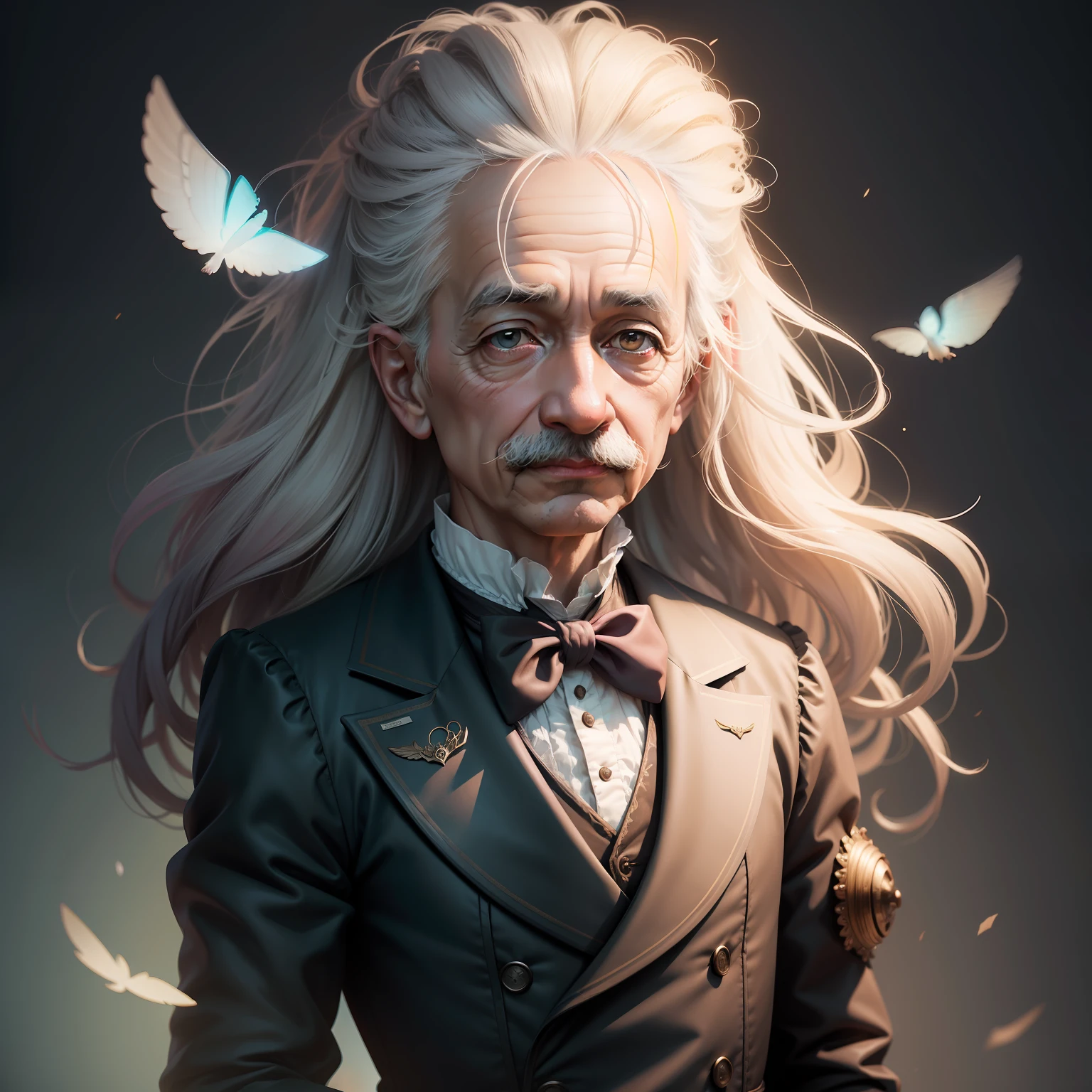 Character portrait of Albert Einstein, standing on stage, side profile, caricature, chibi, kawaii,3d rendering, octane rendering, volumetric light, victorian fashion, metallic, highly-detailed symmetric face, detailed eyes, ultra sharp, highest quality, art by Anja Millen and George Cruikshank and Bordalo II, smooth, sharp focus, trending on artforum, behance hd, kids story book style, muted colors, watercolor style